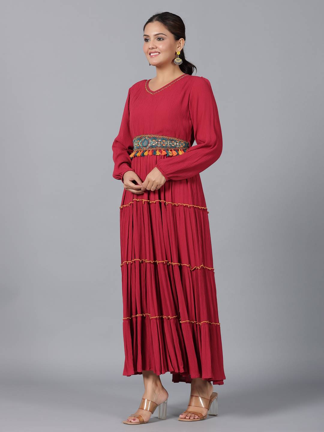 Maroon Rayon Crepe Tiered Maxi Dress