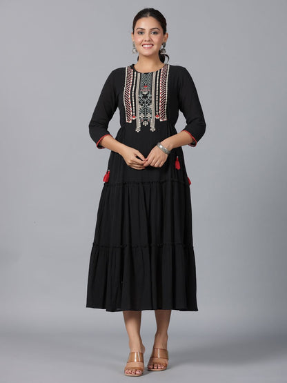 Black Cotton Crepe Embroidered Tiered Maxi Dress