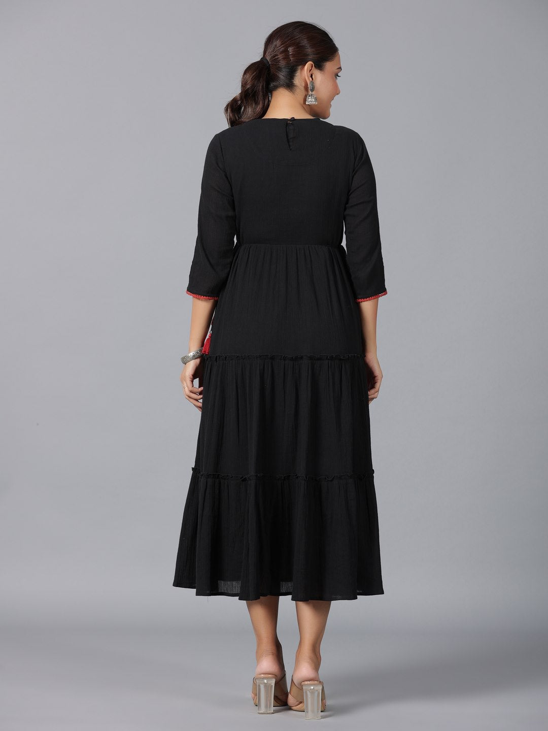 Black Cotton Crepe Embroidered Tiered Maxi Dress