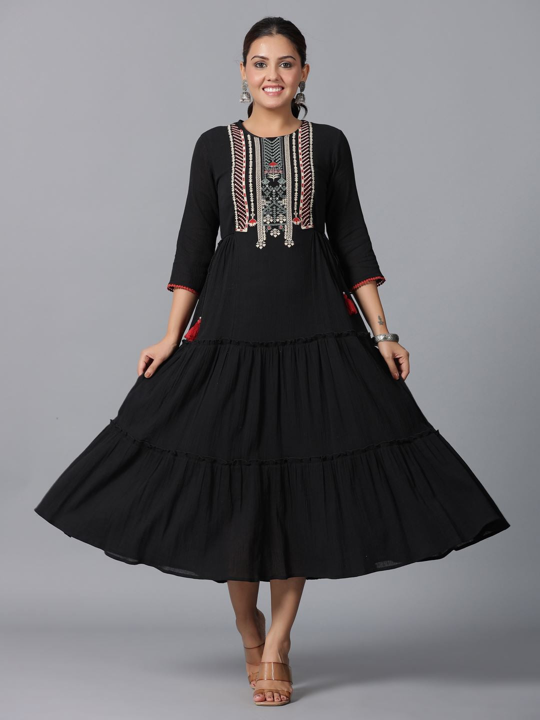 Black Cotton Crepe Embroidered Tiered Maxi Dress