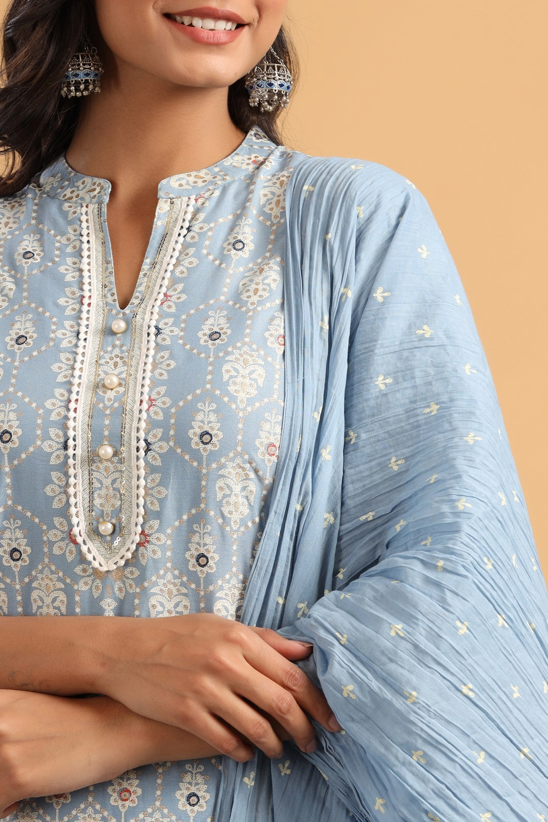 Powderblue Rayon Printed Straight Kurta Palazzo Dupatta Set