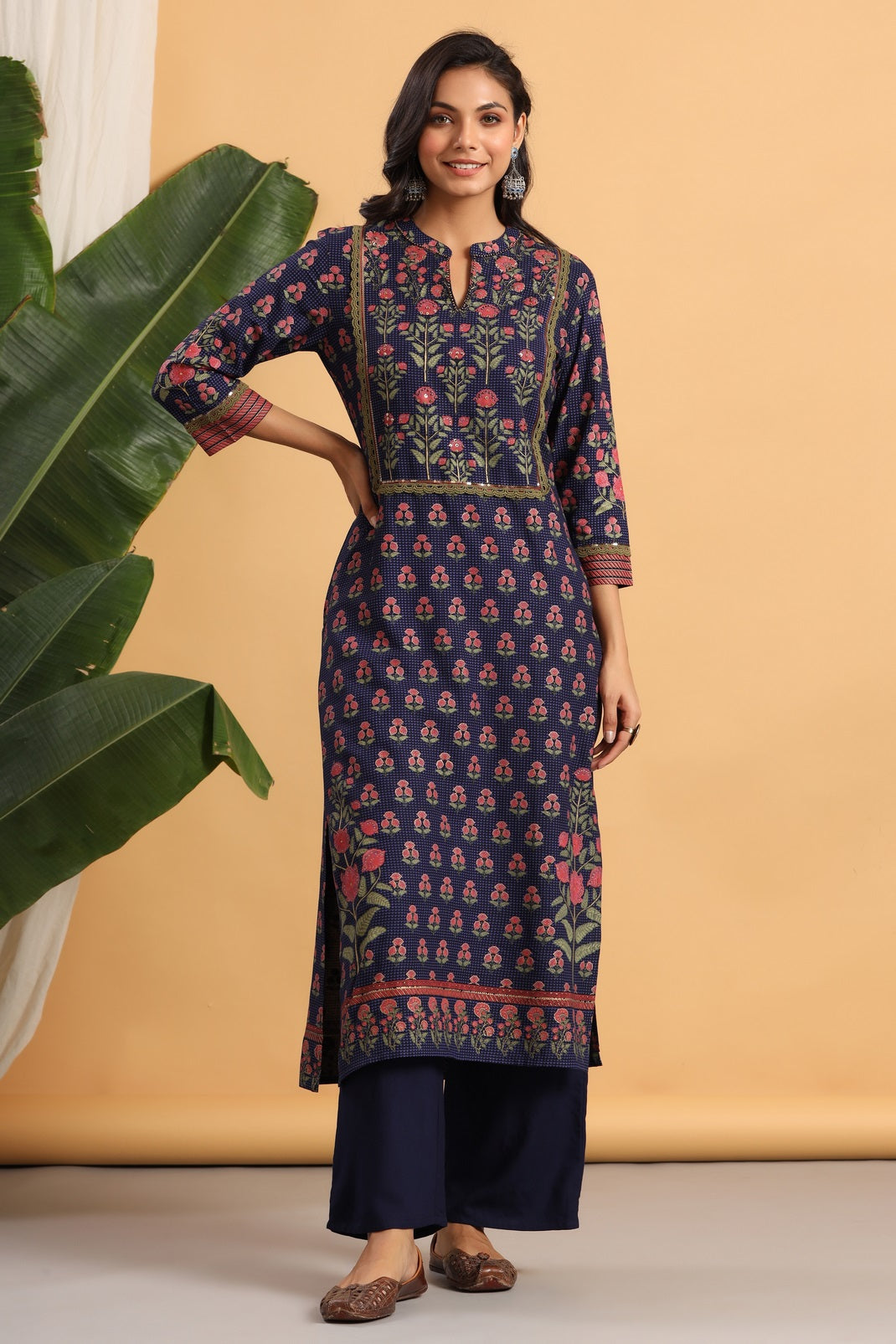 Navy Rayon Printed Straight Kurta Palazzo Dupatta Set