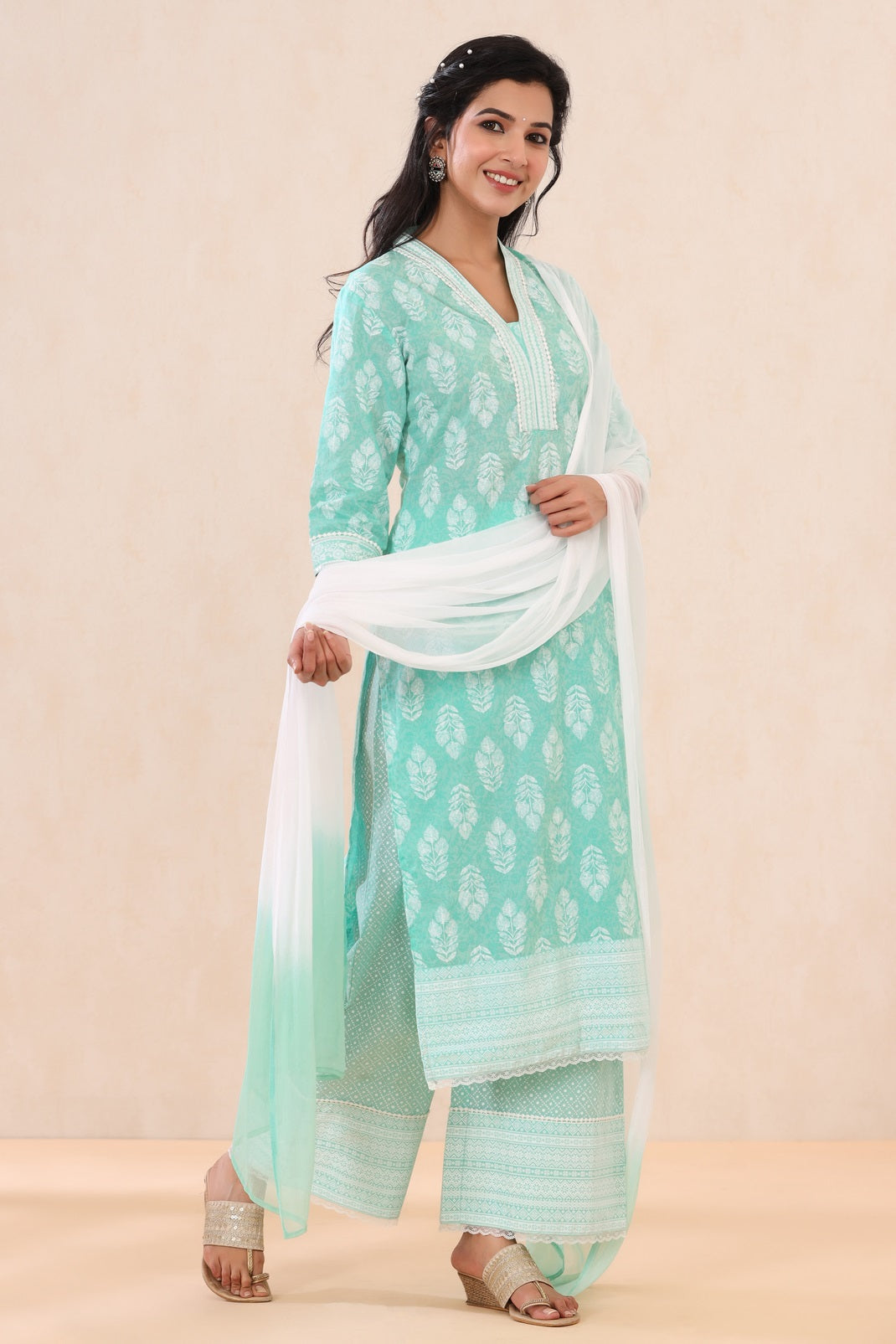 Mint Cambric Printed Straight Kurta Palazzo Dupatta Set