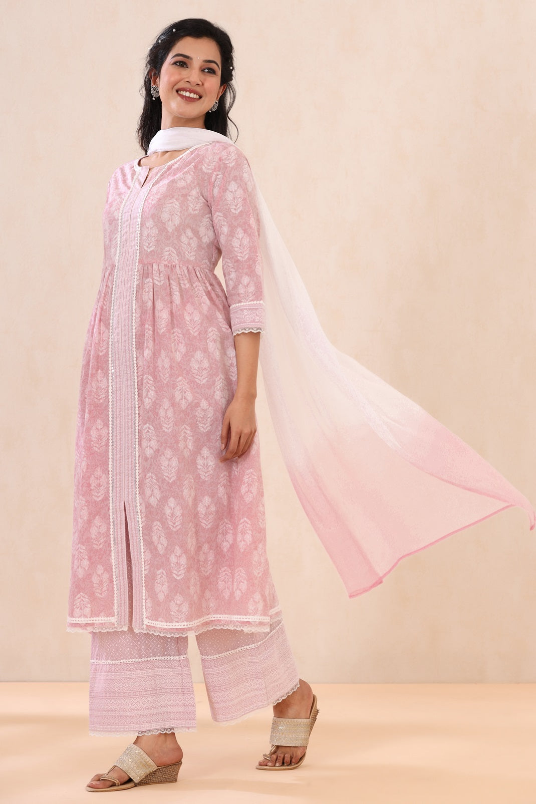 Lavender Cambric Printed Straight Kurta Palazzo Dupatta Set