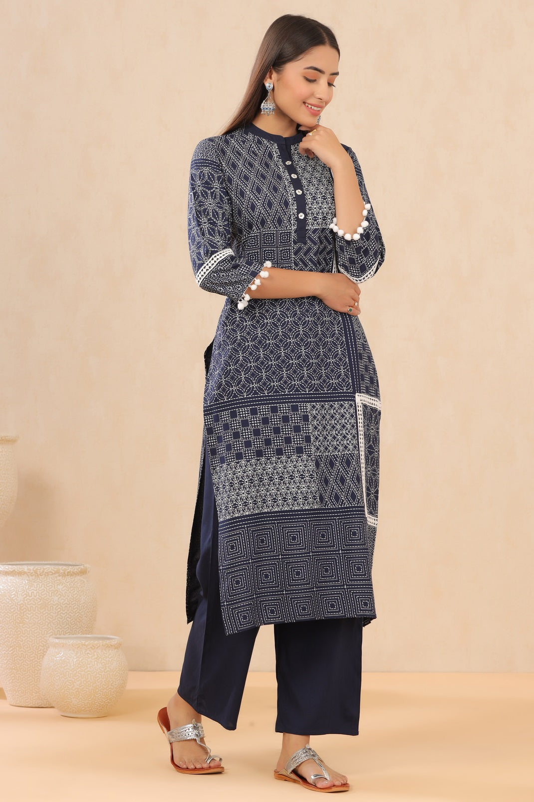 Indigo Rayon Printed Straight Kurta Palazzo Set