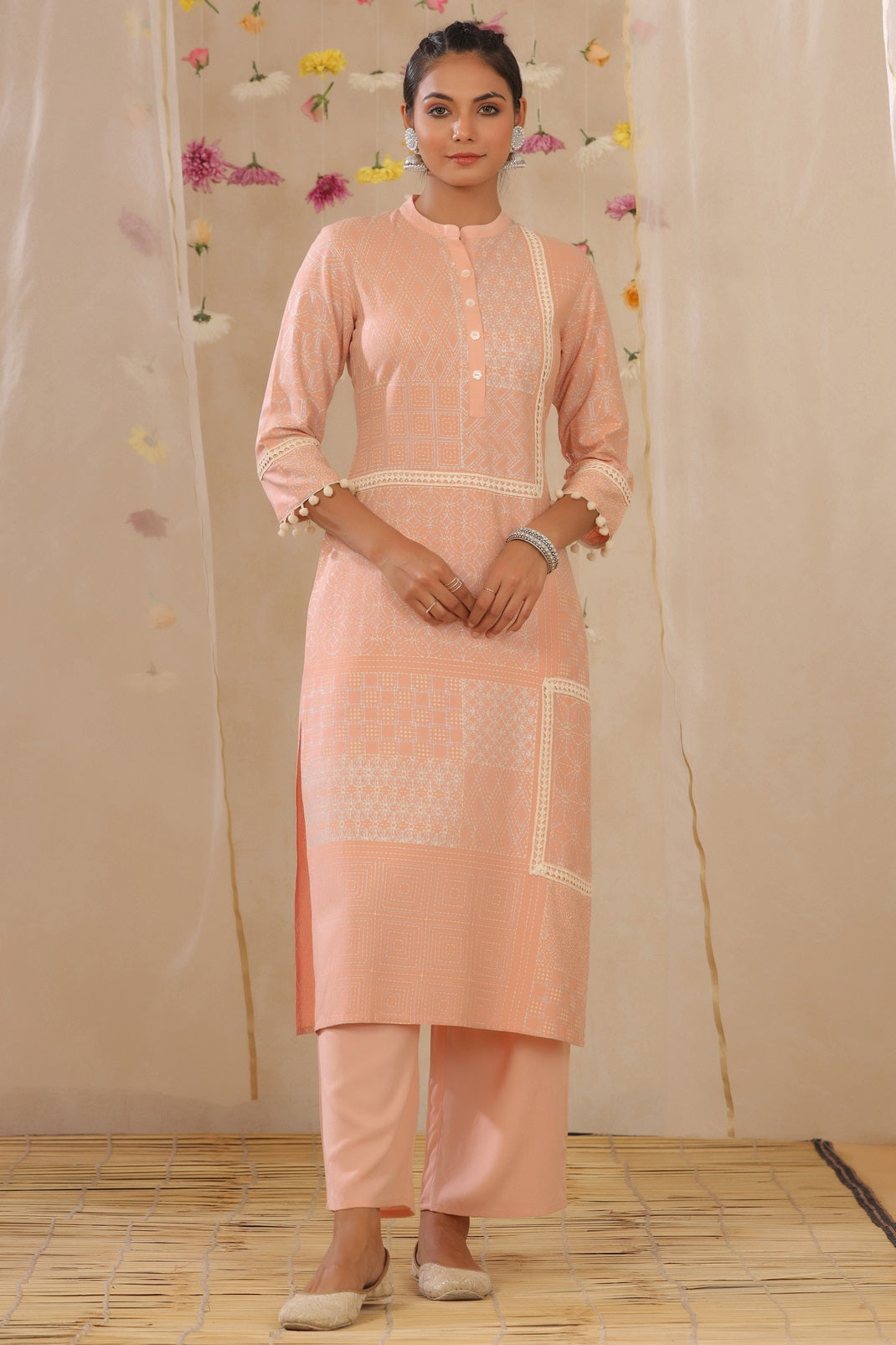 Peach Rayon Printed Straight Kurta Palazzo Set
