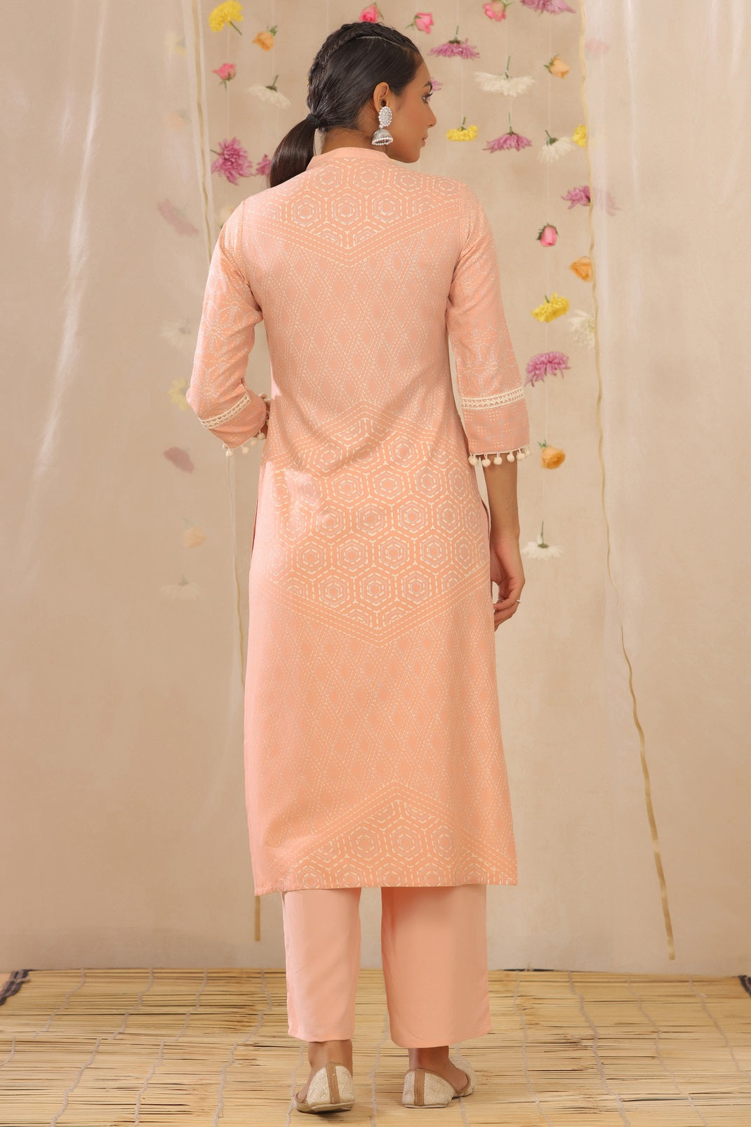 Peach Rayon Printed Straight Kurta Palazzo Set