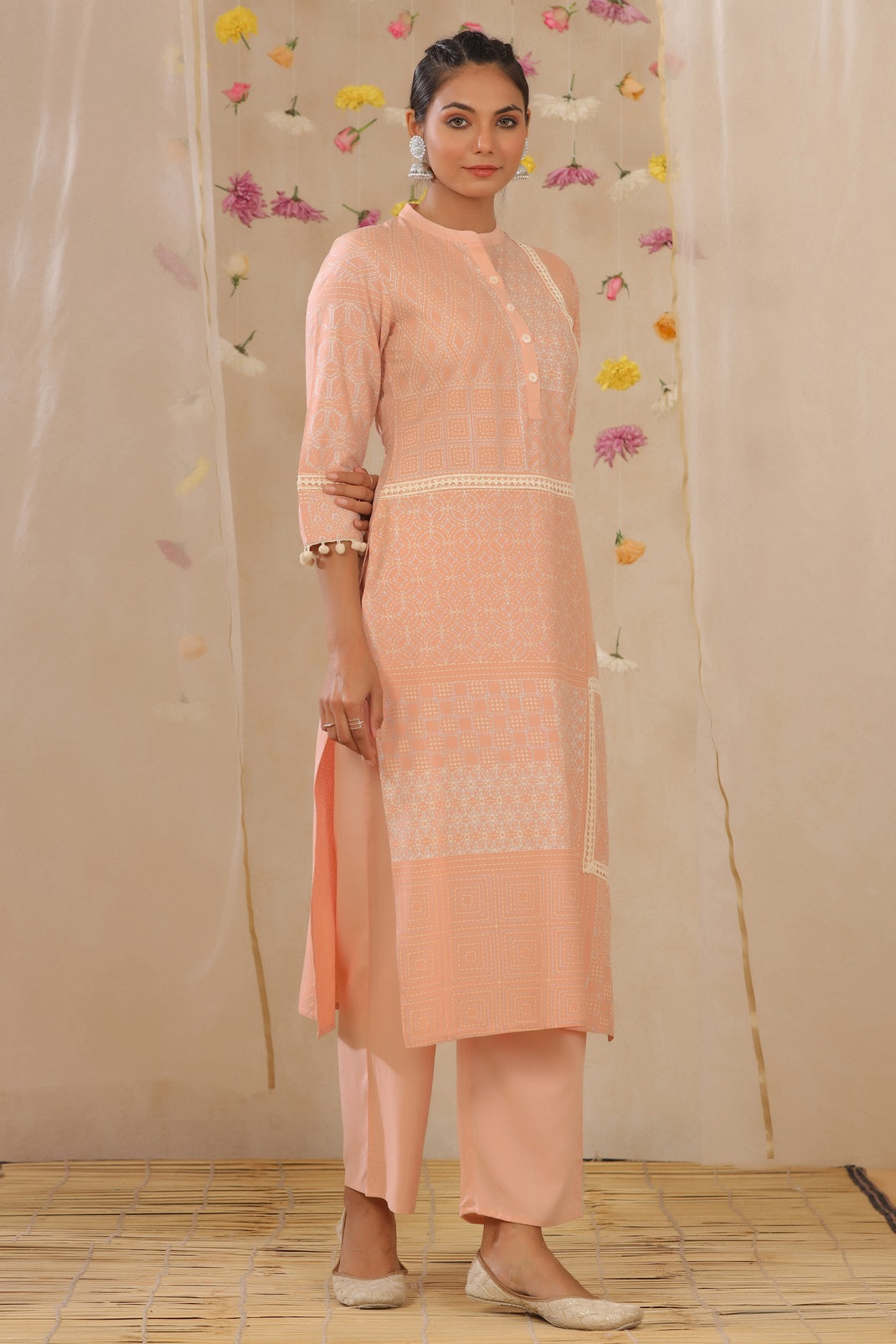 Peach Rayon Printed Straight Kurta Palazzo Set