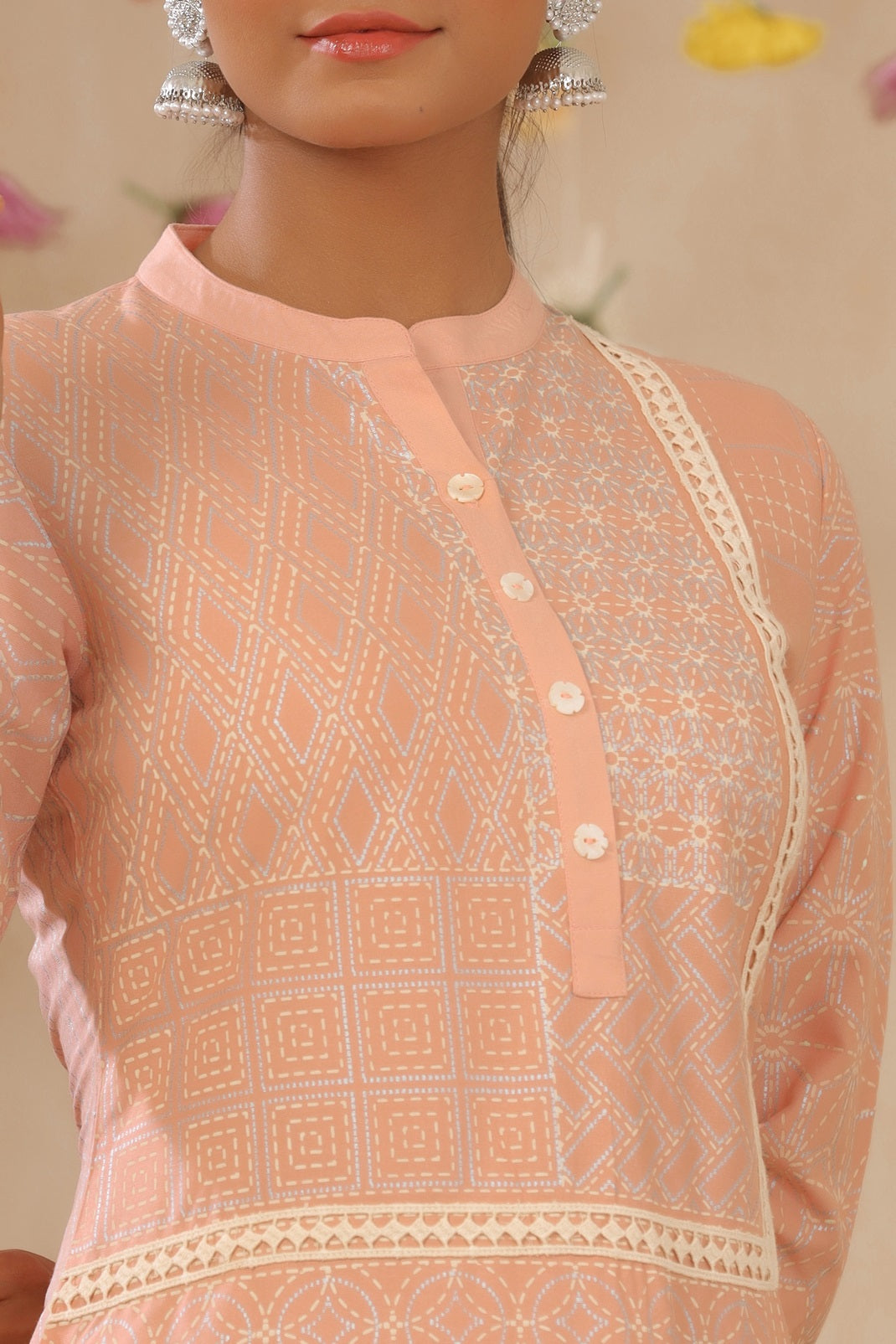 Peach Rayon Printed Straight Kurta Palazzo Set