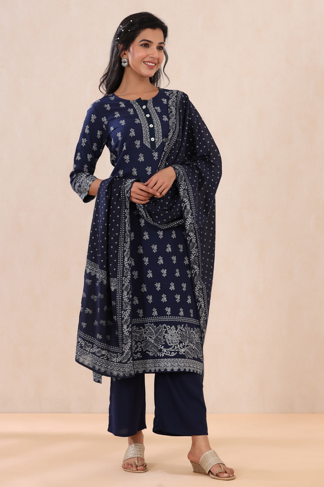 Indigo Rayon Printed Straight Kurta Palazzo Dupatta Set