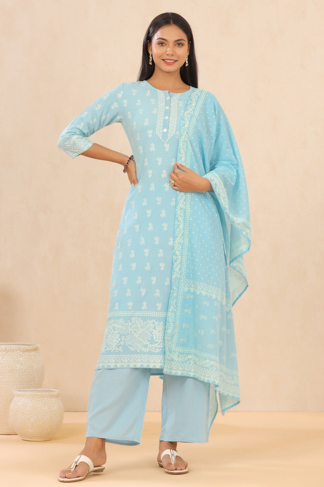Powderblue Rayon Printed Straight Kurta Palazzo Dupatta Set