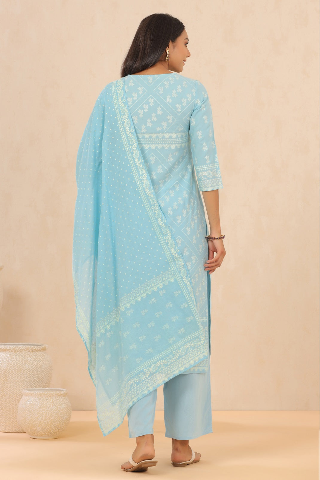 Powderblue Rayon Printed Straight Kurta Palazzo Dupatta Set