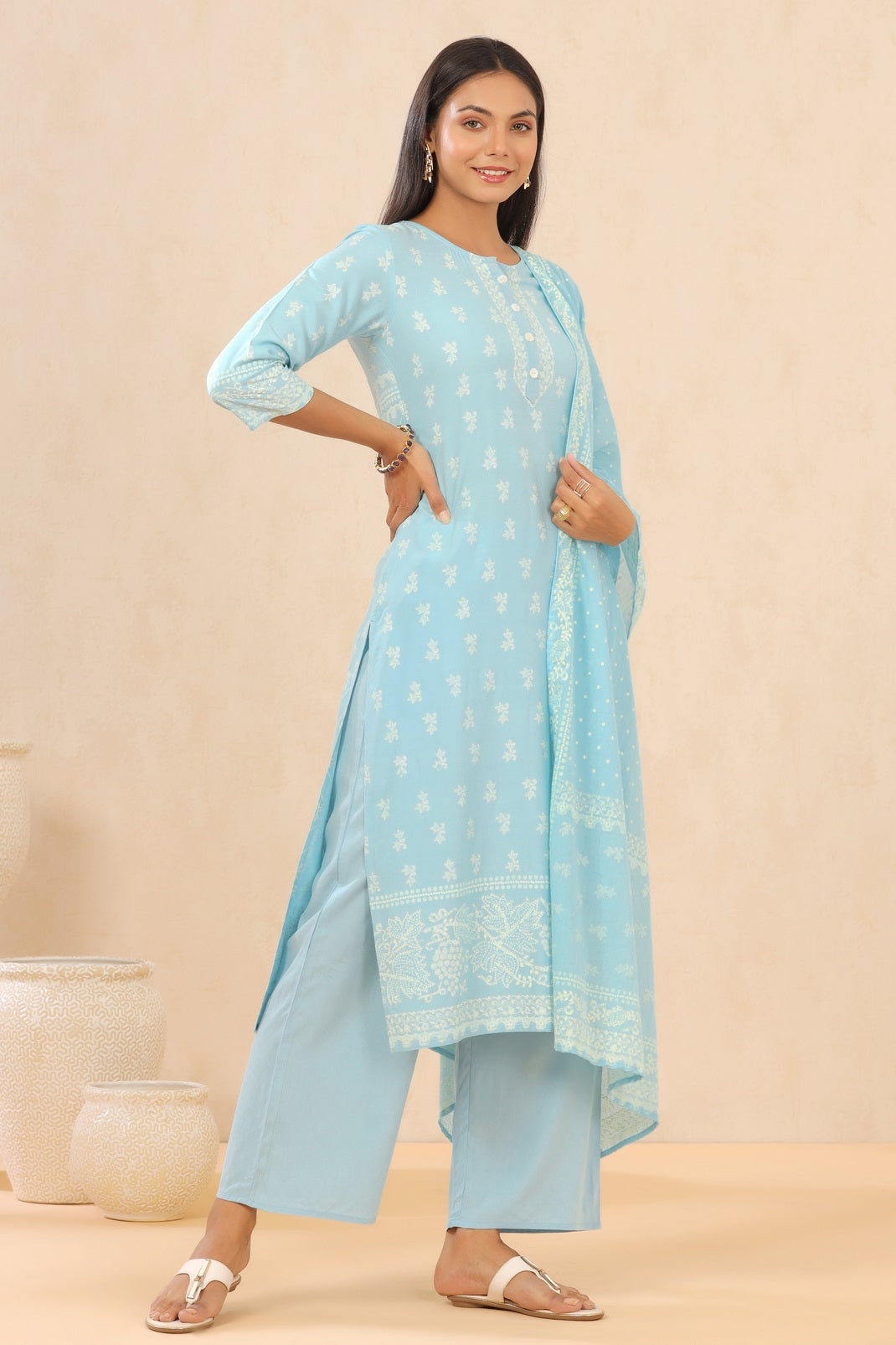 Powderblue Rayon Printed Straight Kurta Palazzo Dupatta Set