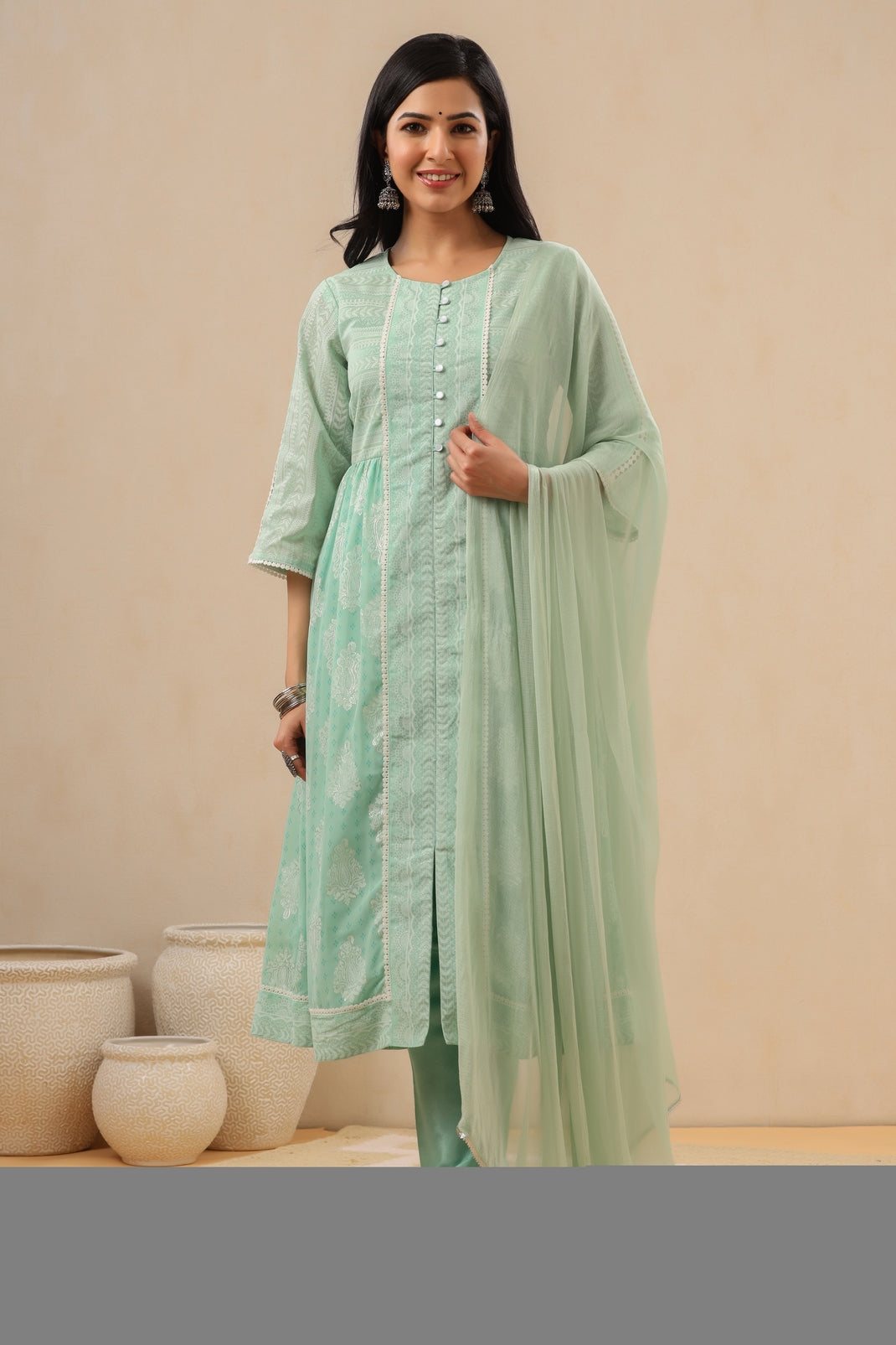 Women`s Mint Georgette Printed Flared Kurta Sets