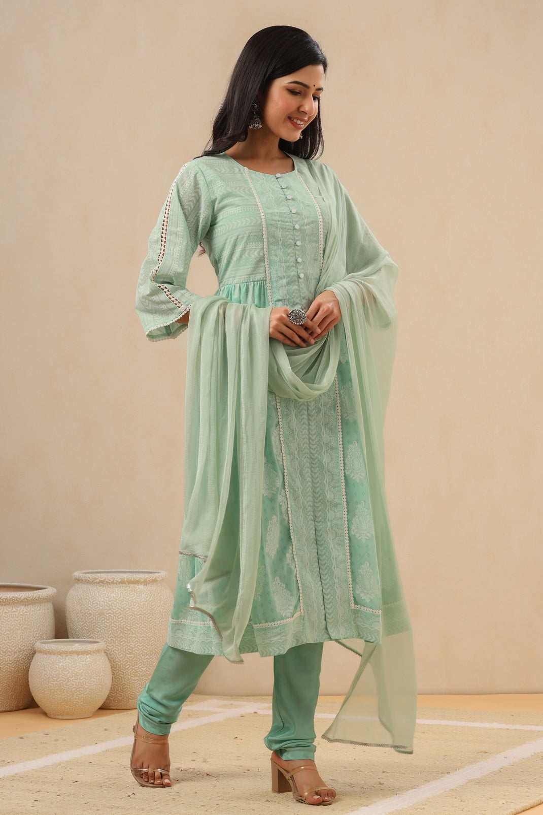 Women`s Mint Georgette Printed Flared Kurta Sets