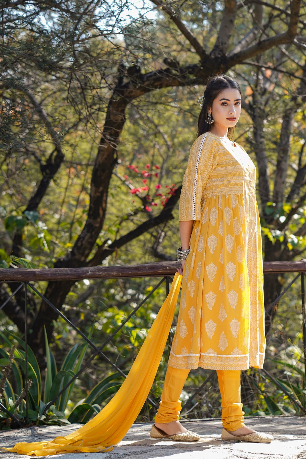 Yellow Georgette Printed Flared Kurta Churidar Dupatta
