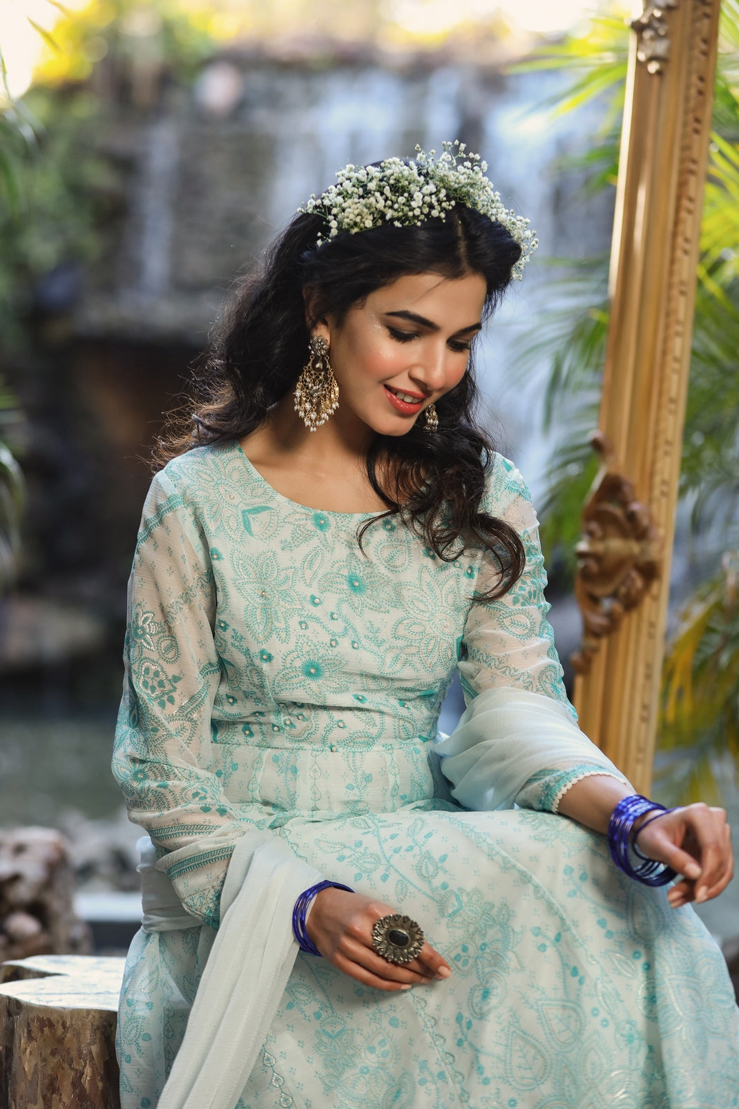 Blue & Multi Chiffon Printed Anarkali Kurta Churidar Dupatta