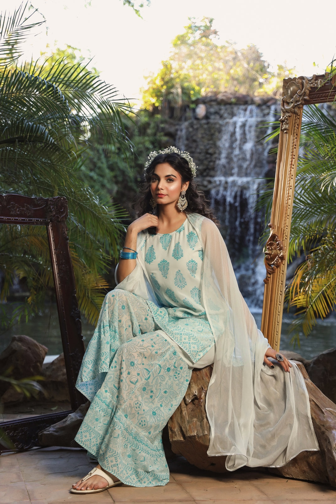 Blue & Multi Georgette Printed Straight Kurta Sharara Dupatta Set