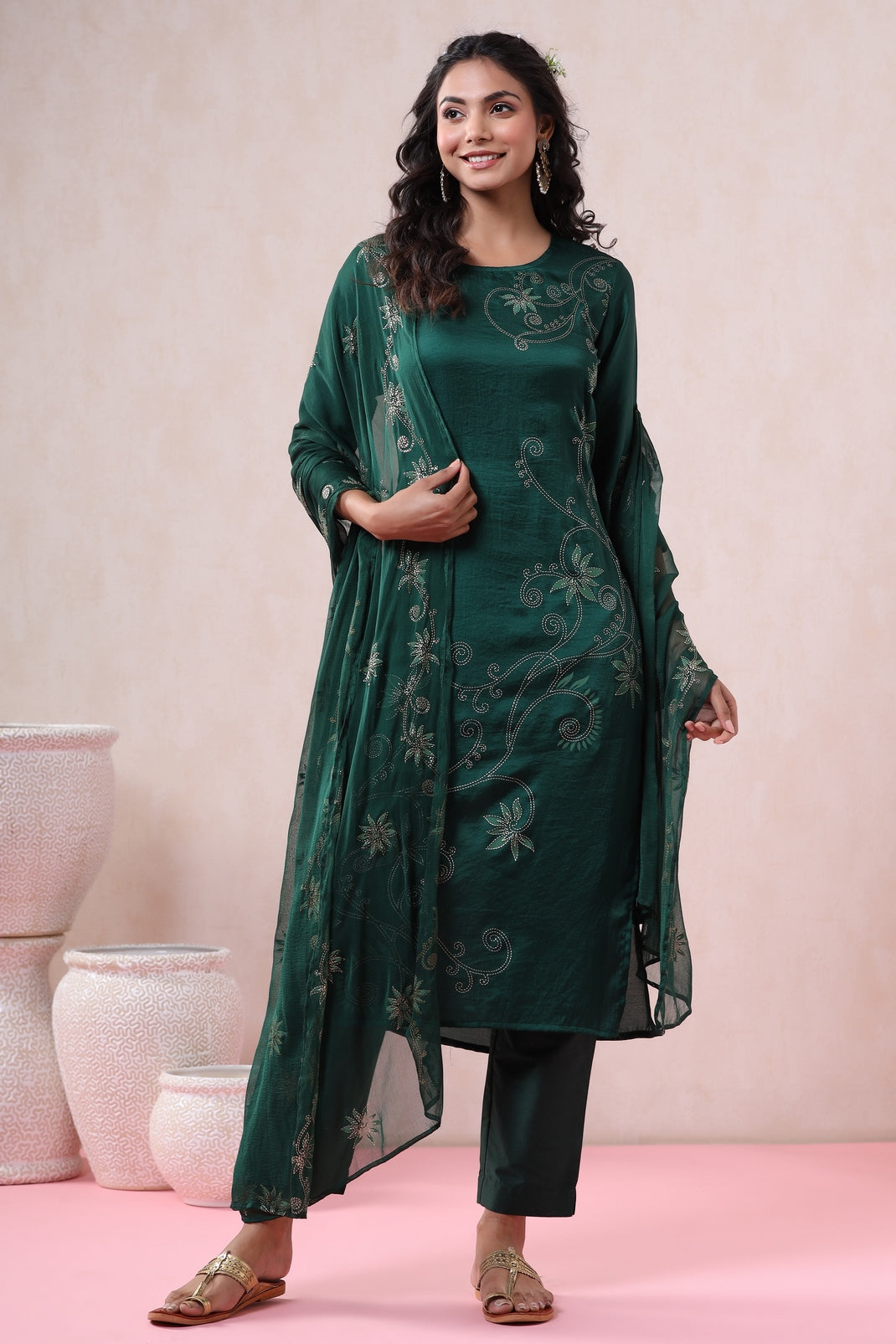 Jadegreen Silk Printed Straight Kurta Pant Dupatta Set