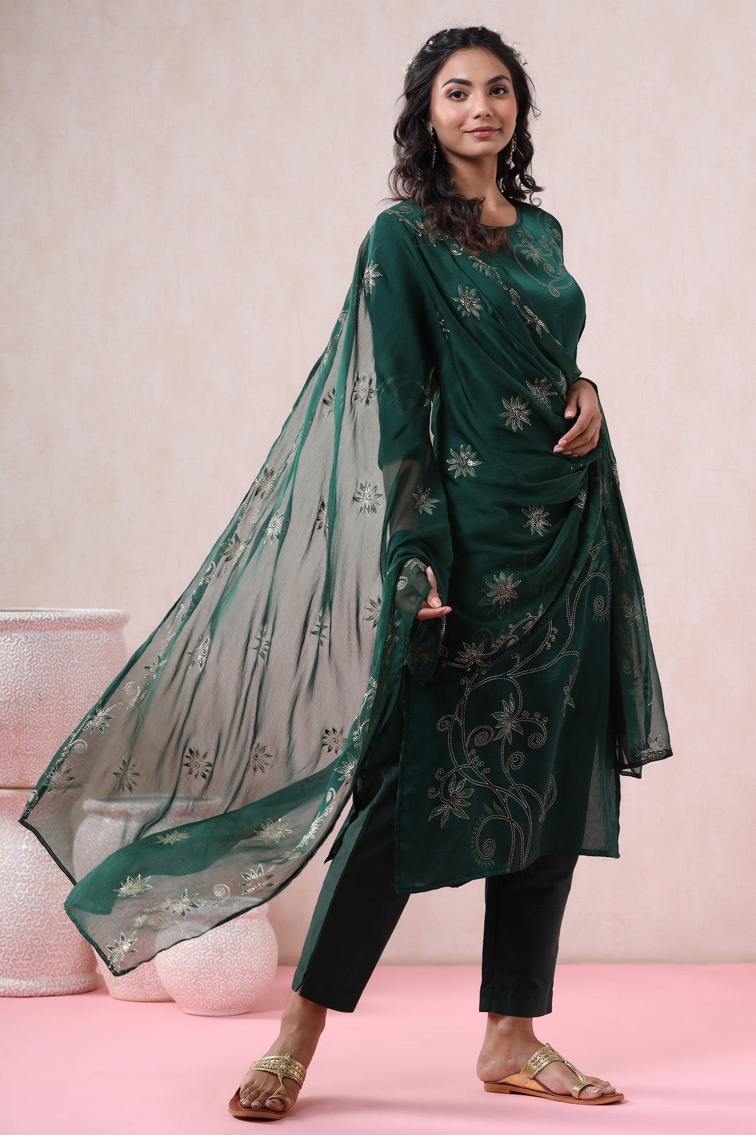 Jadegreen Silk Printed Straight Kurta Pant Dupatta Set