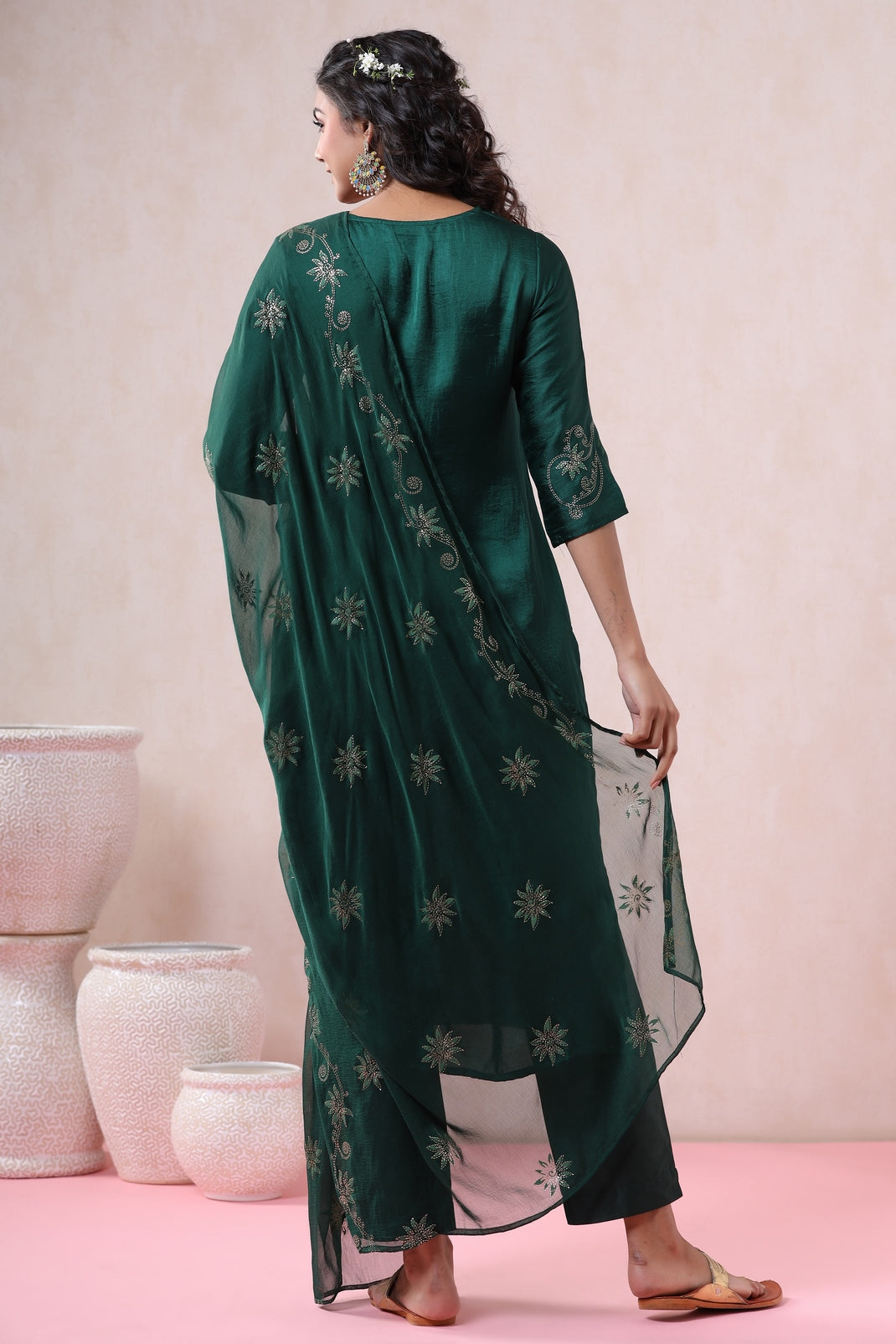 Jadegreen Silk Printed Straight Kurta Pant Dupatta Set