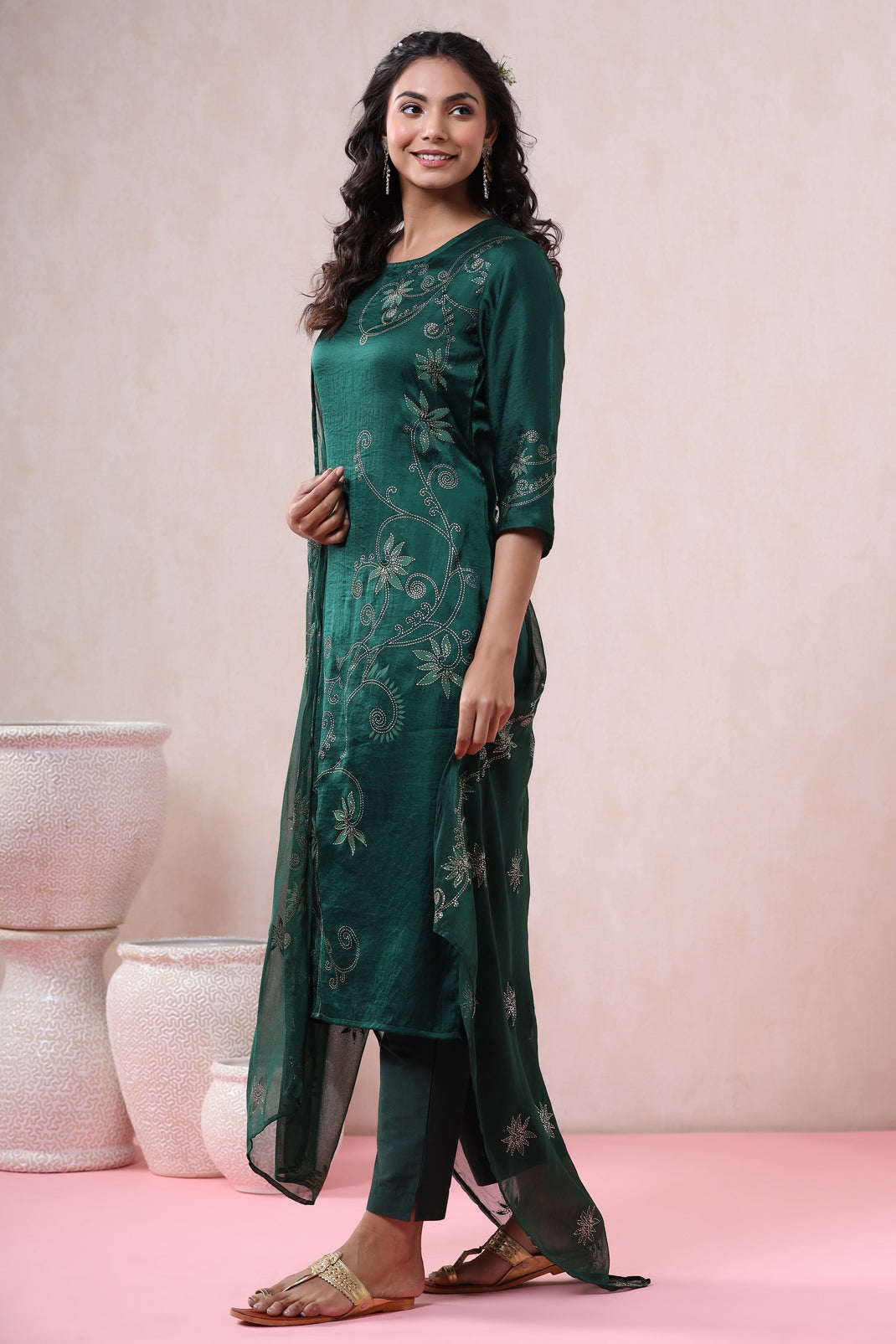 Jadegreen Silk Printed Straight Kurta Pant Dupatta Set