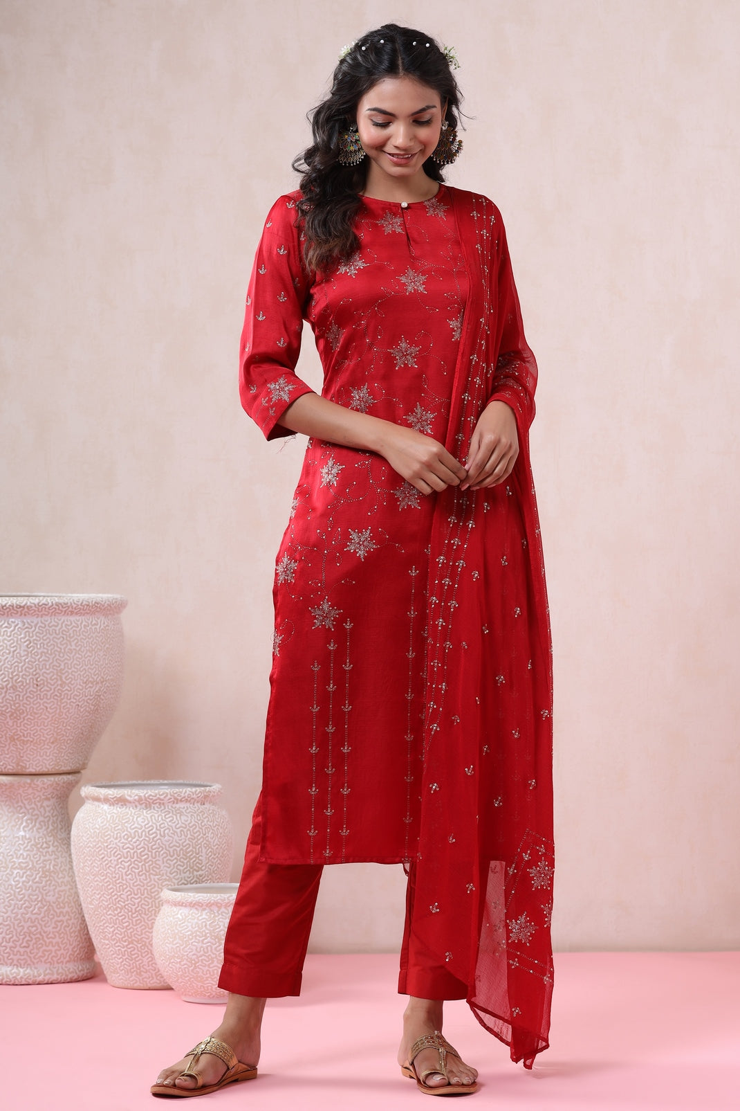 Red Silk Printed Straight Kurta Pant Dupatta Set