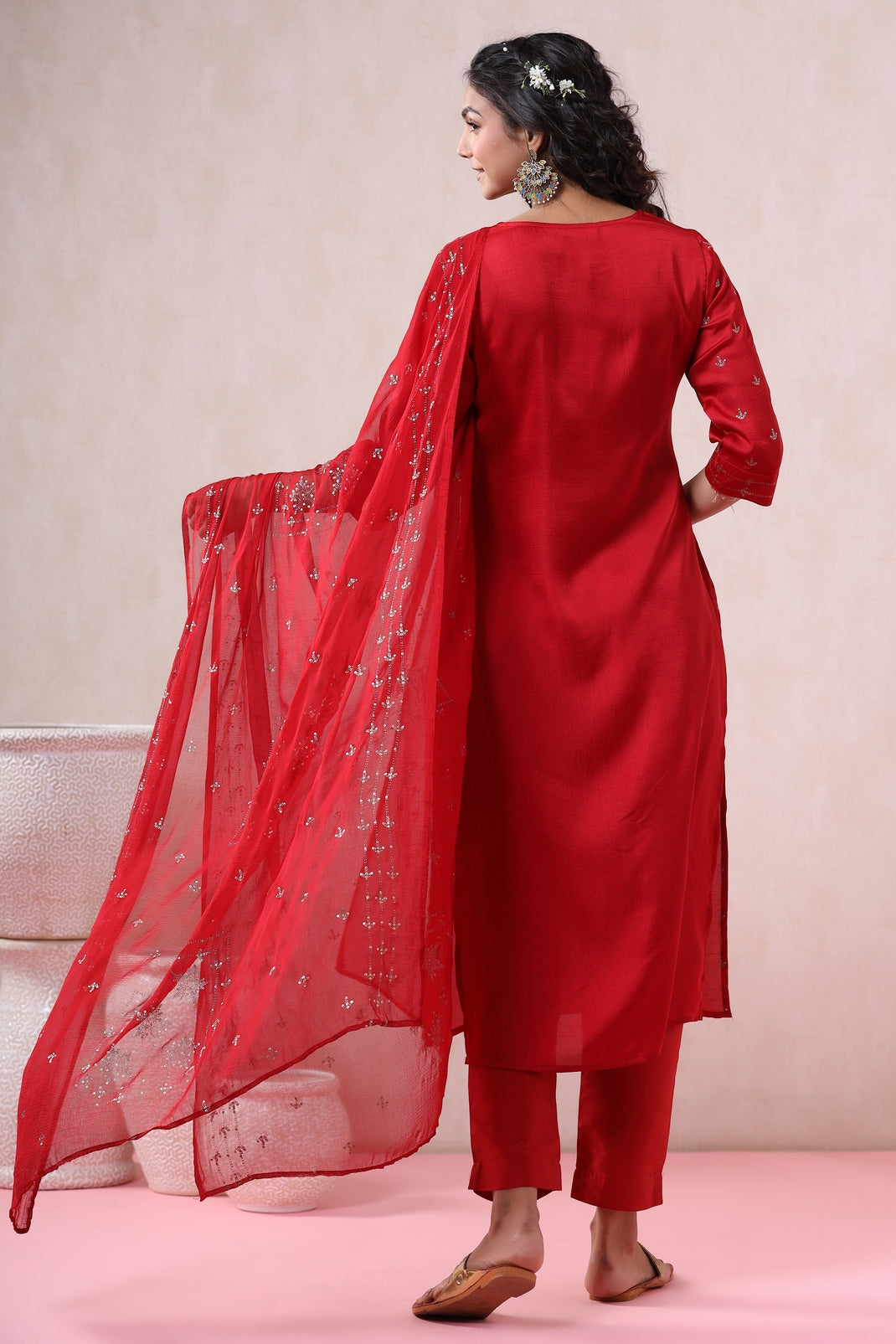 Red Silk Printed Straight Kurta Pant Dupatta Set