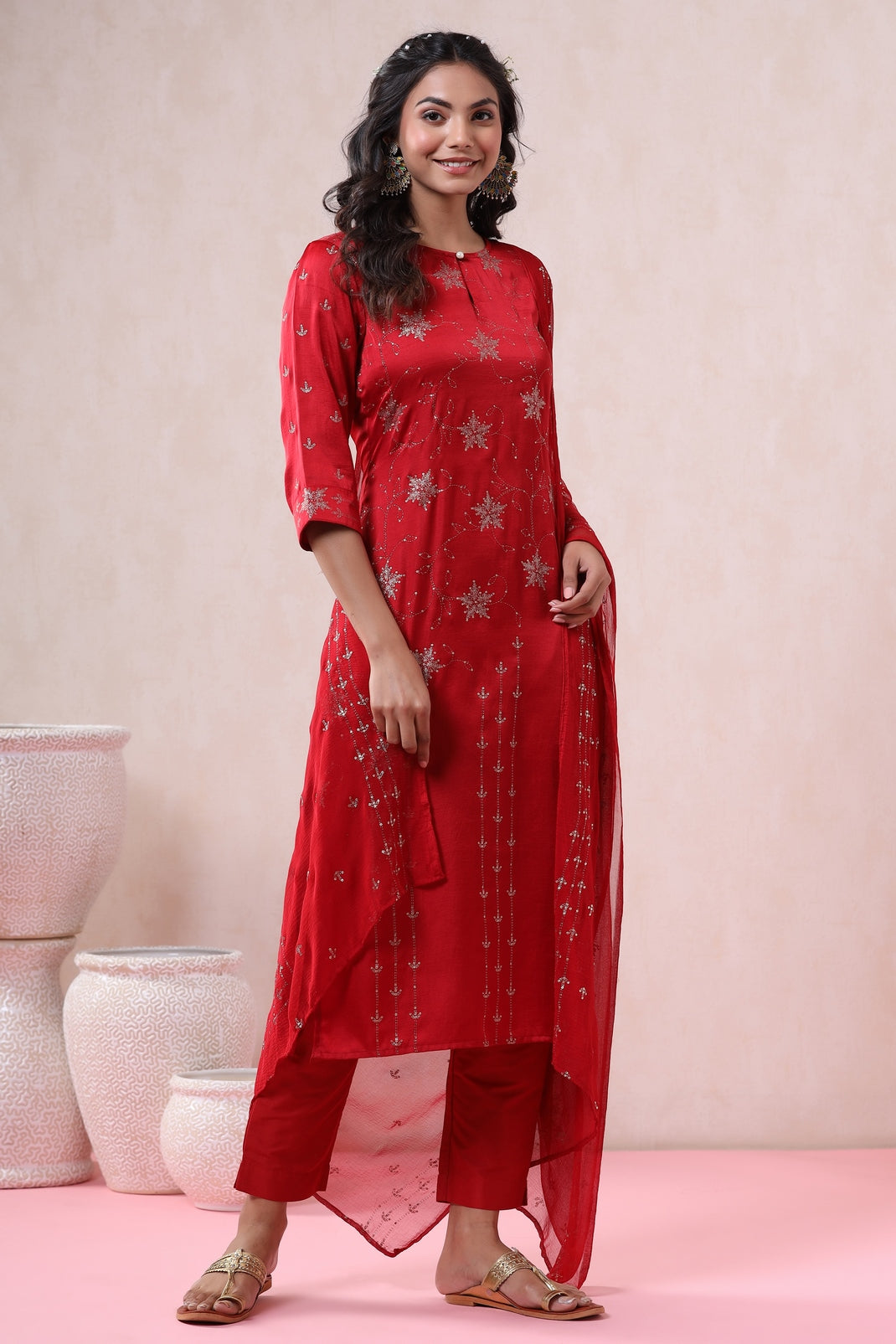 Red Silk Printed Straight Kurta Pant Dupatta Set