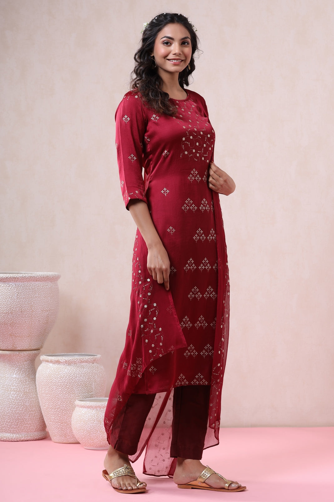 Wine Silk Printed Straight Kurta Pant Dupatta Set