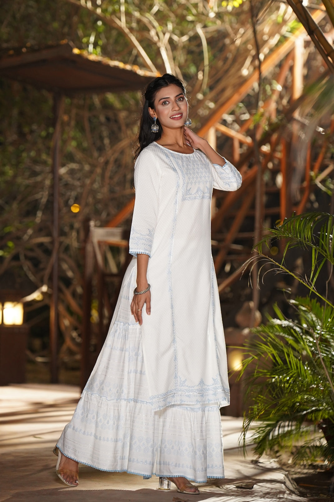 Offwhite Rayon Printed Straight Kurta Sharara Set