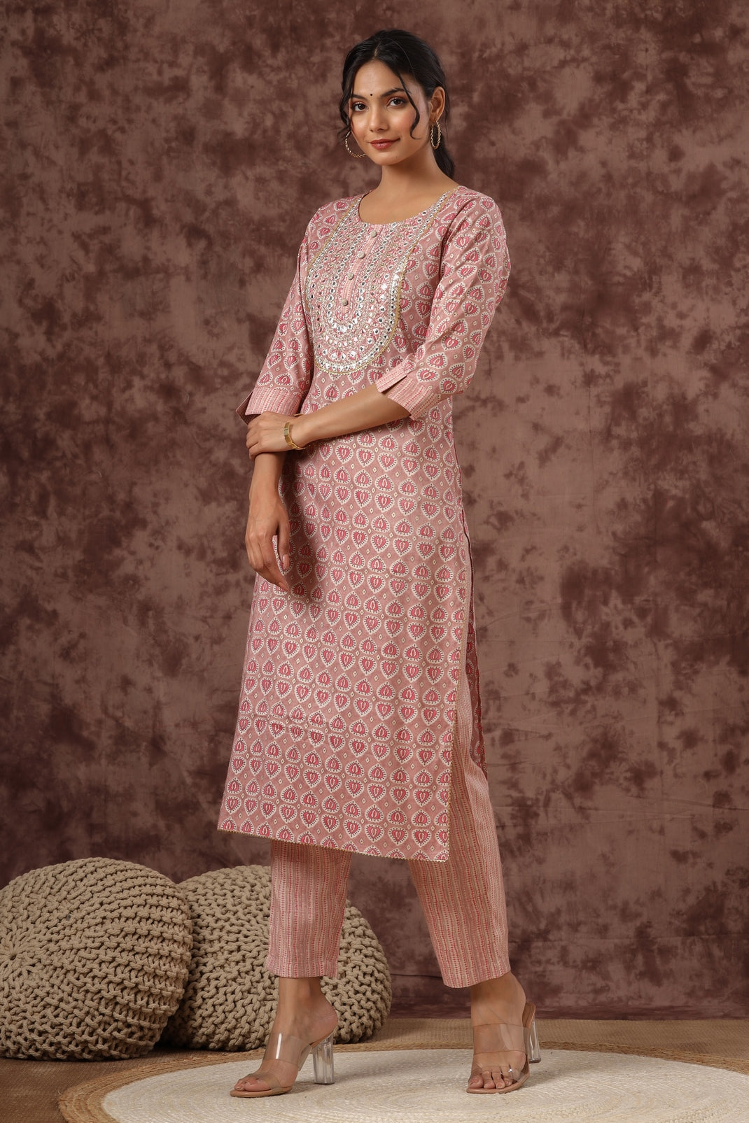 Women`s Red Rayon Embroidered Straight Kurta Sets