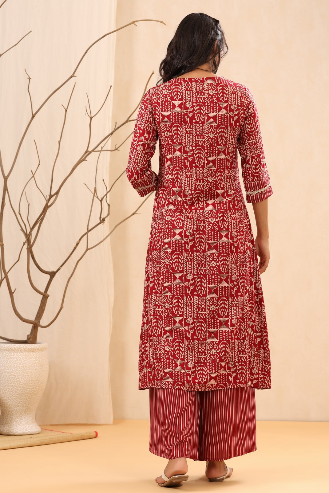 Women`s Maroon Rayon Staple Embroidered & Printed A-Line Kurta Sets