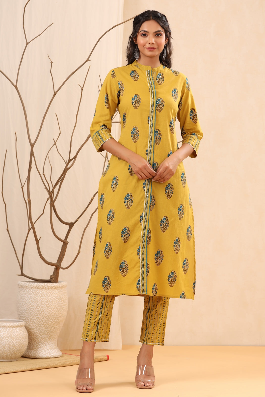 Women`s Yellow Cambric Block Printed A-Line Kurta Sets