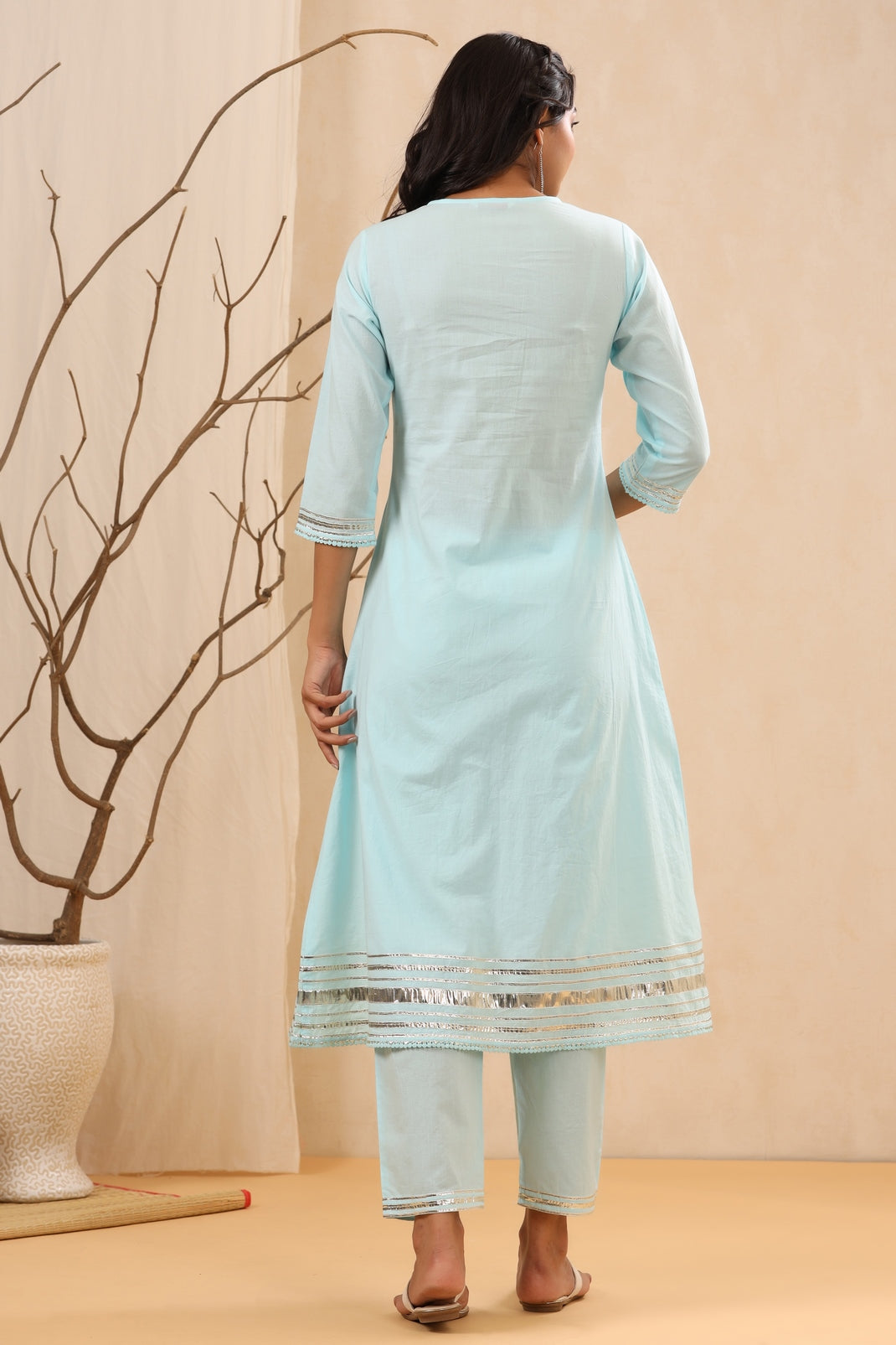 Women`s Skyblue Cambric Gotta Work Straight Kurta Sets