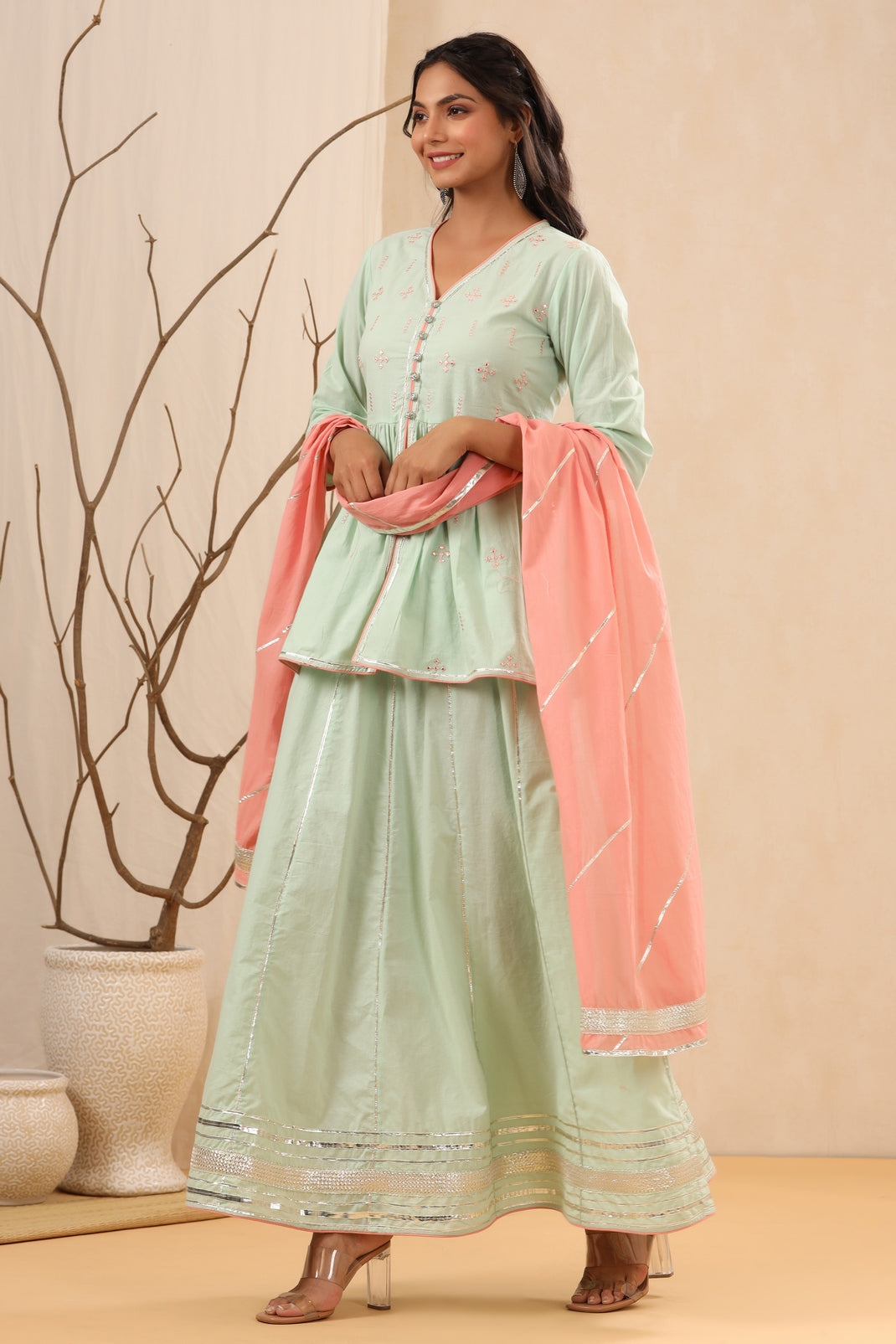 Women`s Pistagreen Cambric Embroidered Peplum Kurta Sets