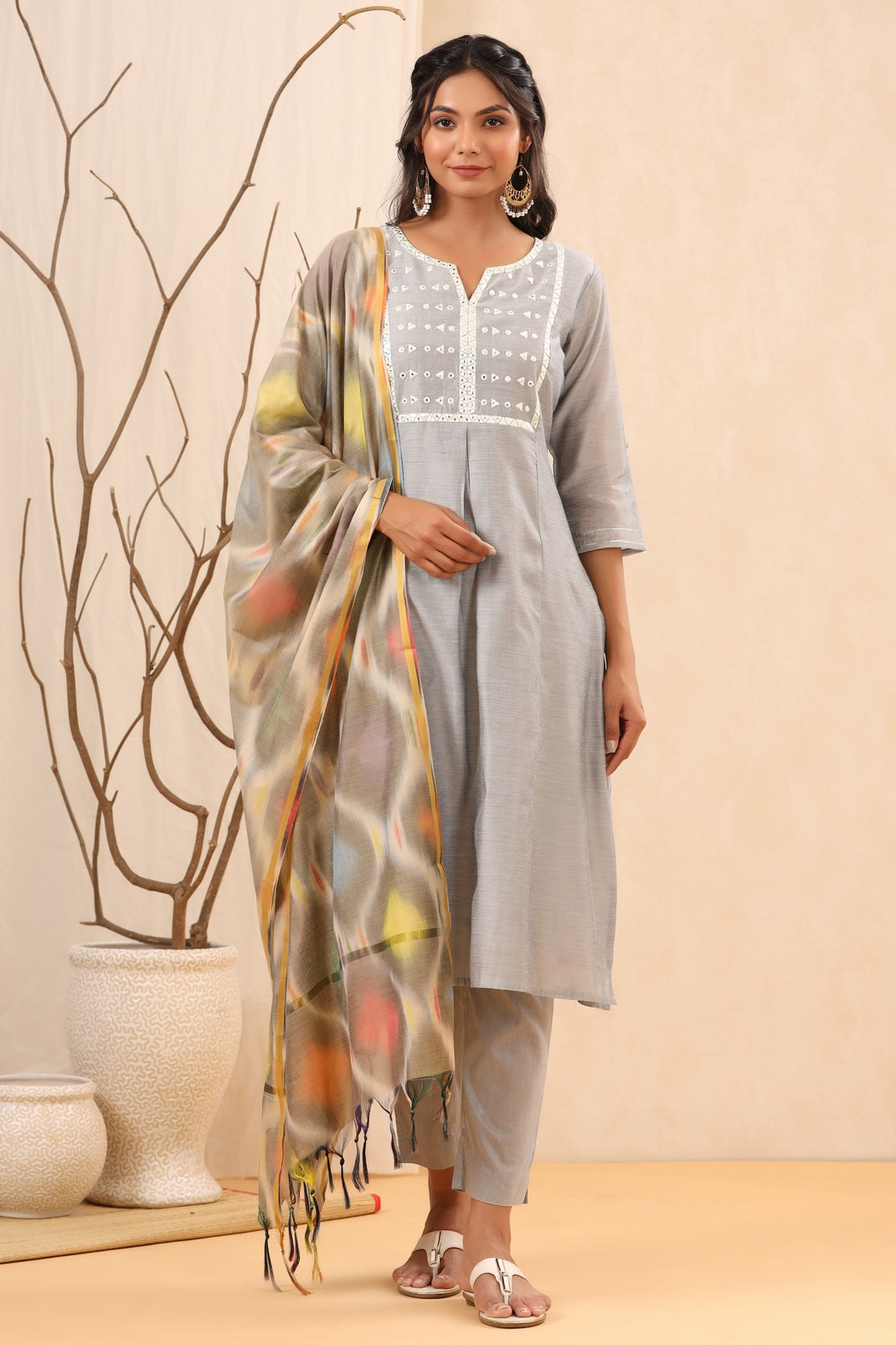 Women`s Grey Chanderi Silk Embroidered Straight Kurta Sets