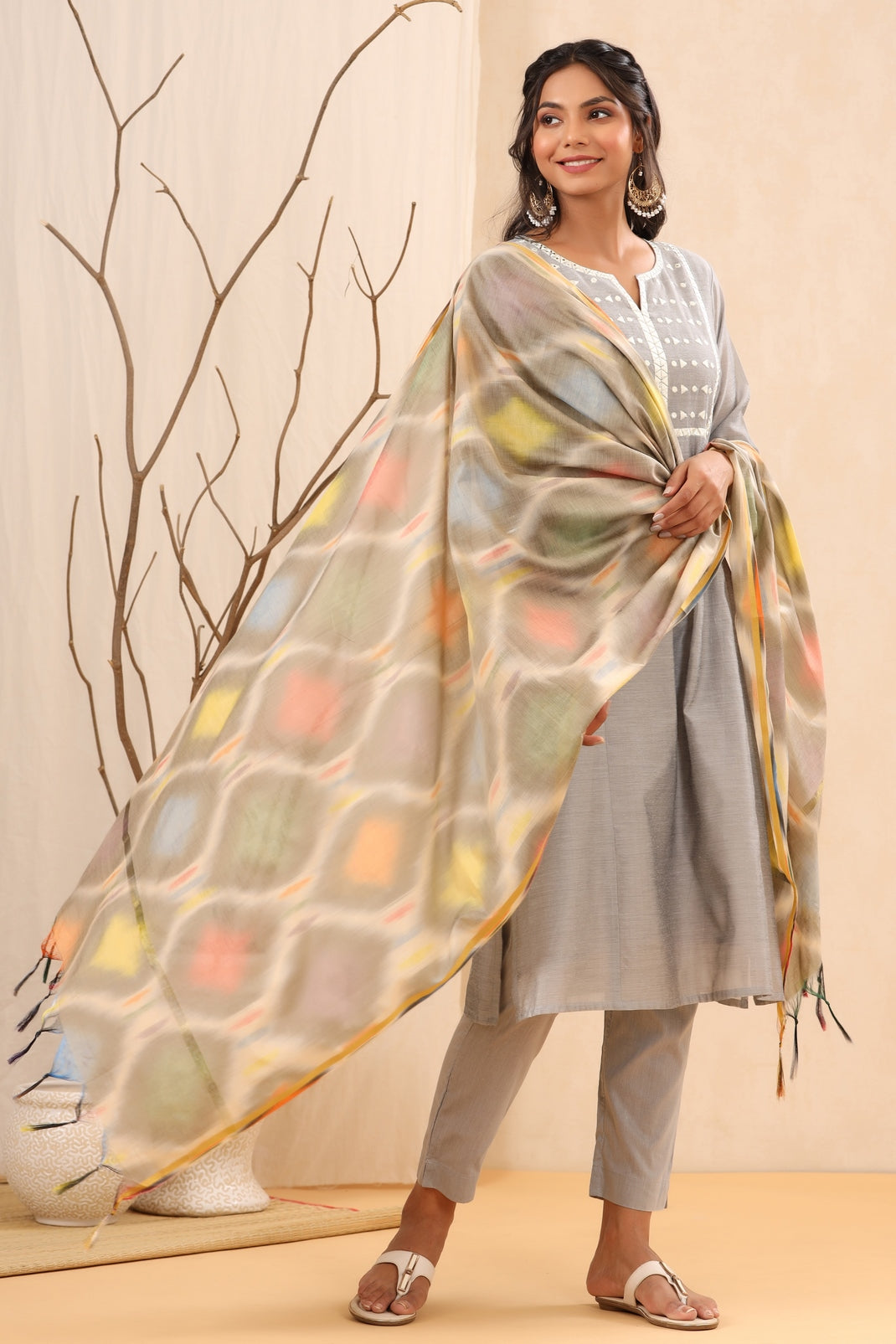Women`s Grey Chanderi Silk Embroidered Straight Kurta Sets