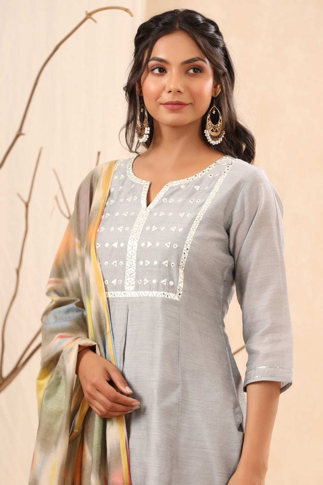 Women`s Grey Chanderi Silk Embroidered Straight Kurta Sets