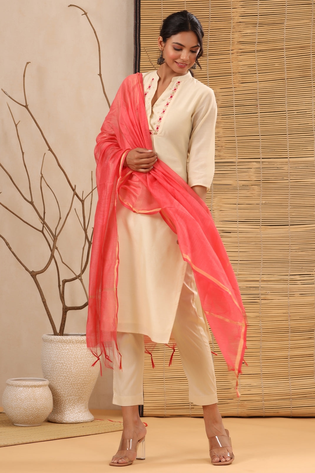 Women`s Beige Chanderi Silk Embroidered Straight Kurta Sets