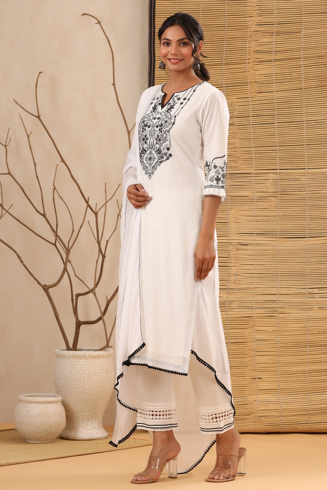 Women`s White Cotton Dobby Embroidered Straight Kurta Sets