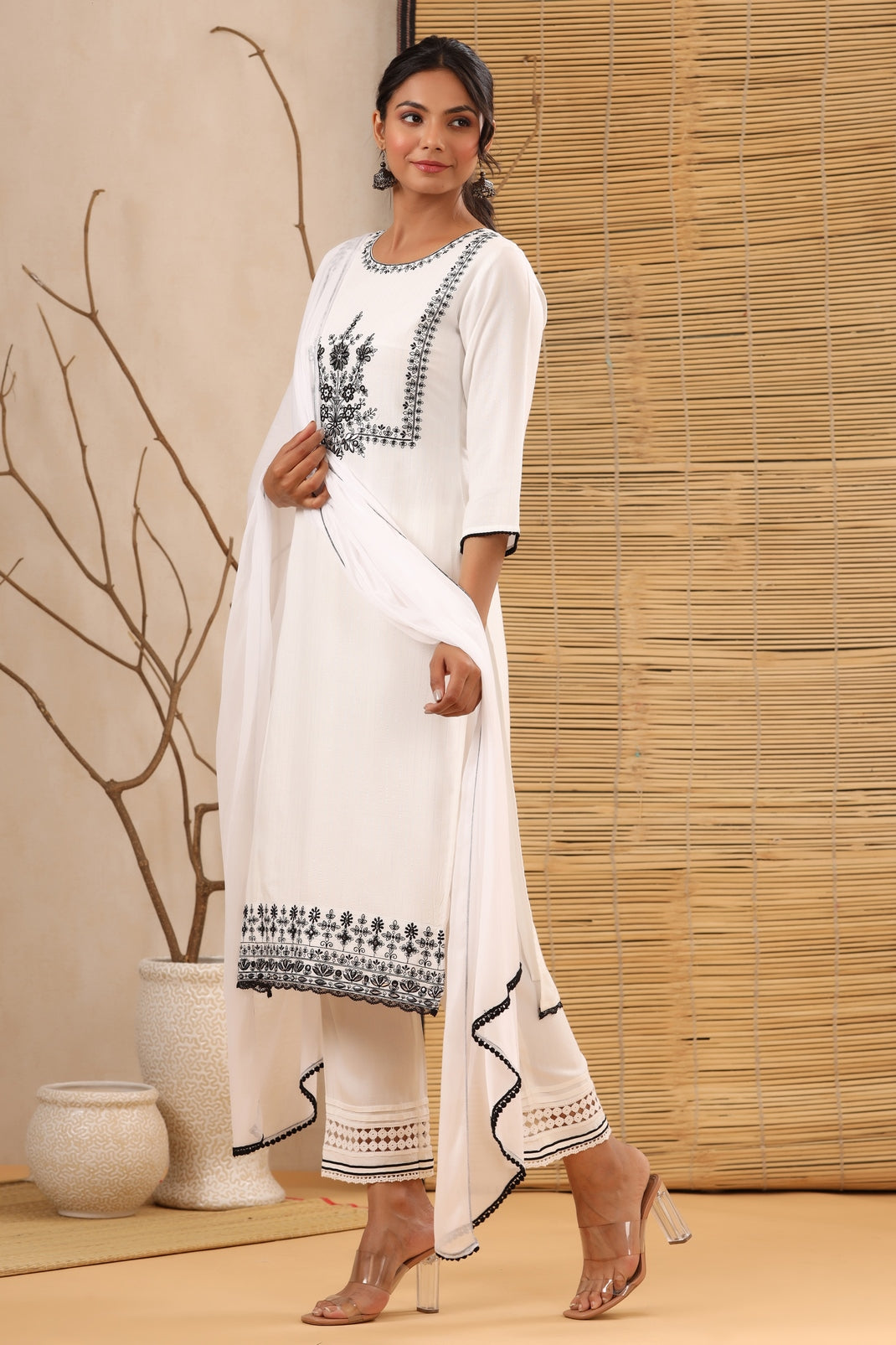 Women`s White Rayon Lurex Embroidered Straight Kurta Sets