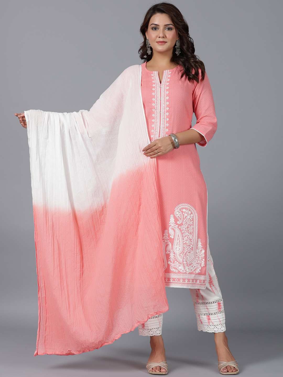 Peach Cotton Dobby Embroidered Kurta, Pants & Dupatta Set