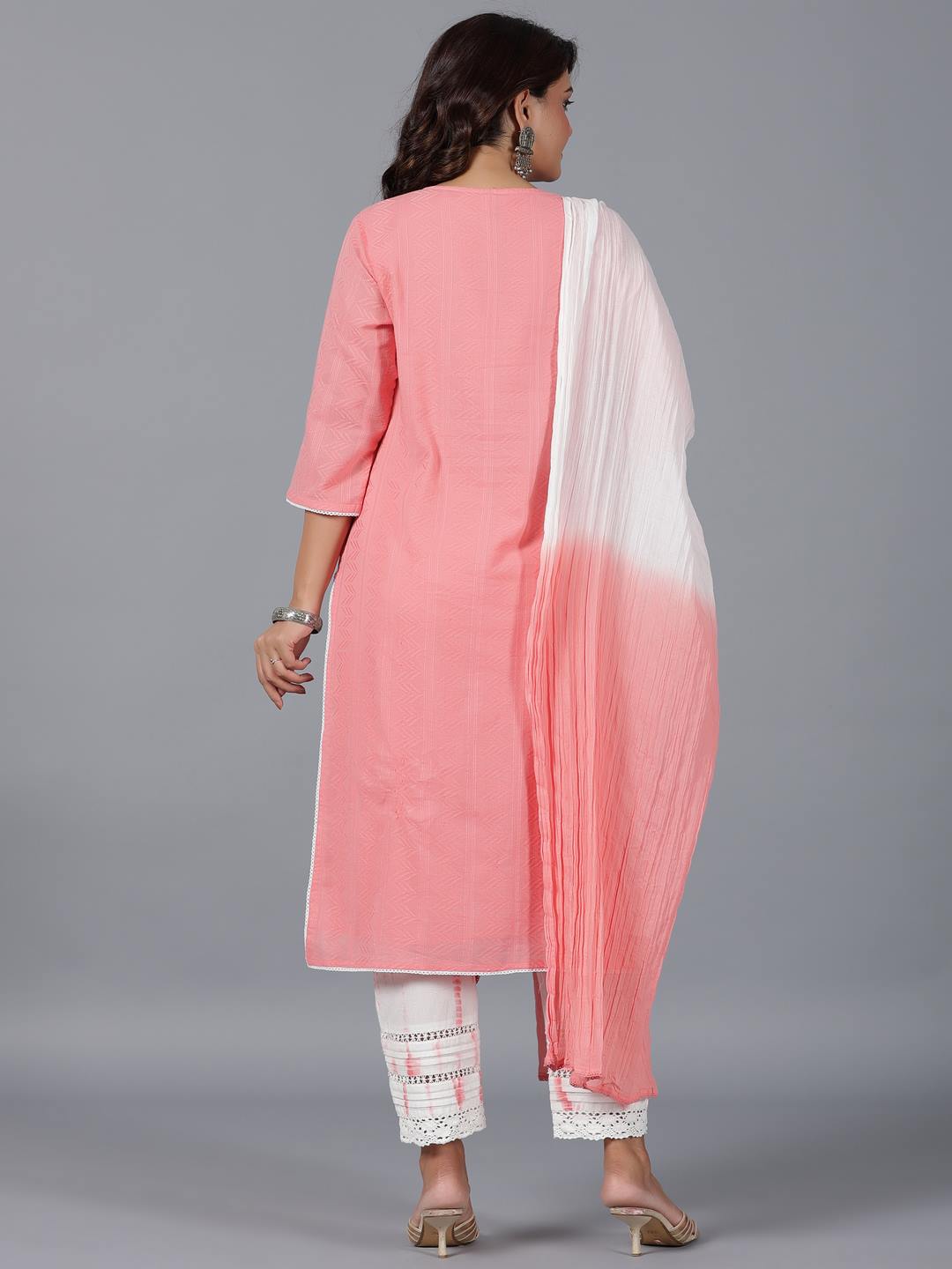 Peach Cotton Dobby Embroidered Kurta, Pants & Dupatta Set