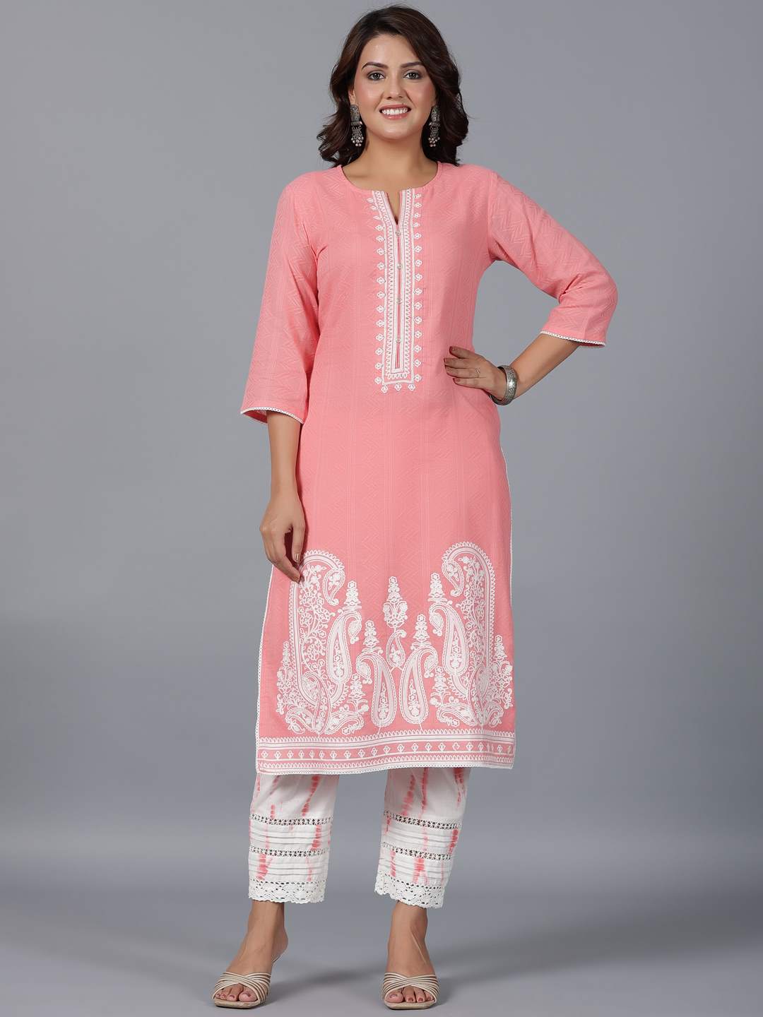 Peach Cotton Dobby Embroidered Kurta, Pants & Dupatta Set