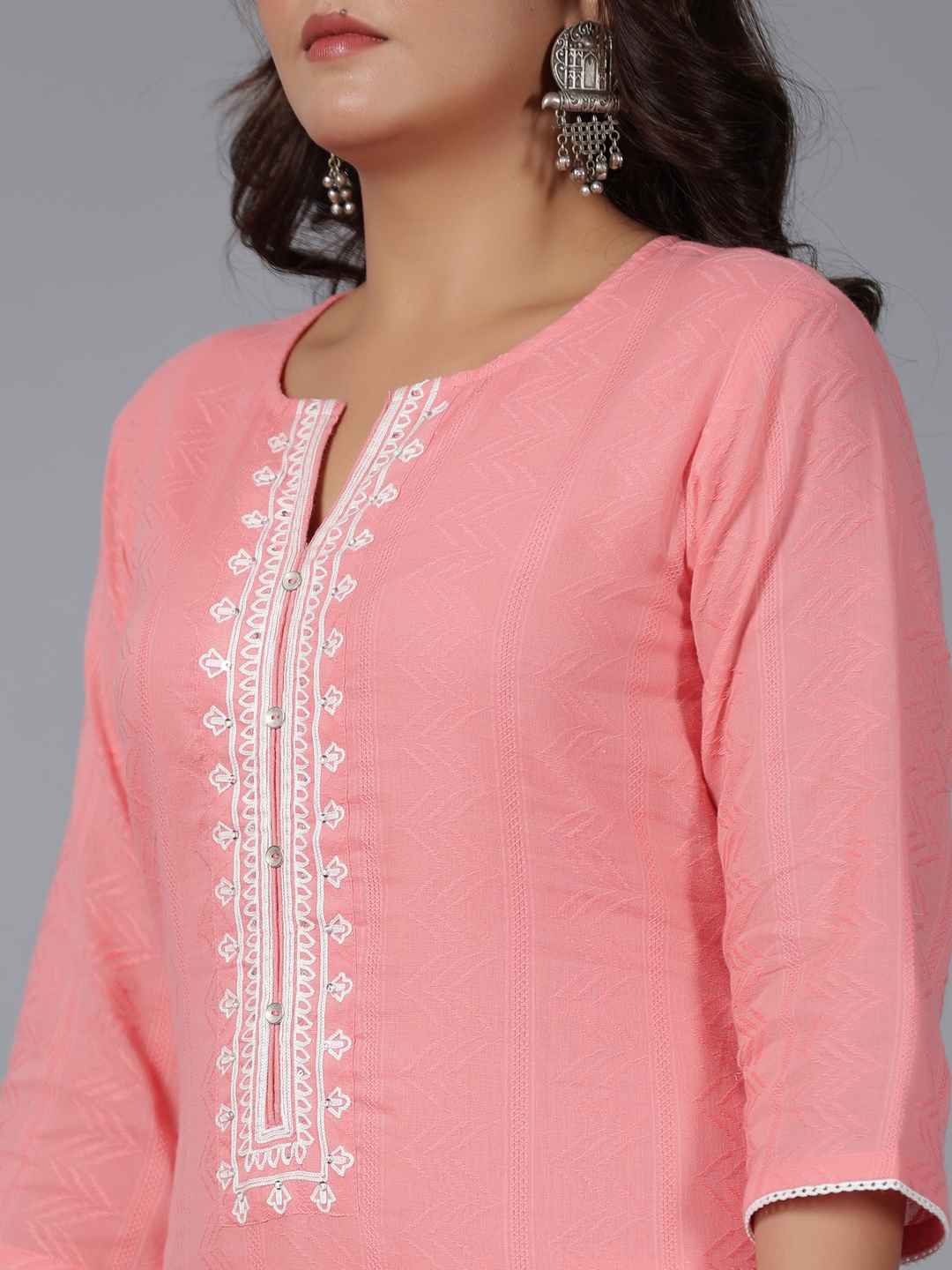 Peach Cotton Dobby Embroidered Kurta, Pants & Dupatta Set