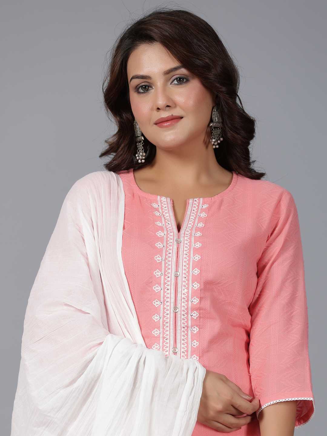 Peach Cotton Dobby Embroidered Kurta, Pants & Dupatta Set
