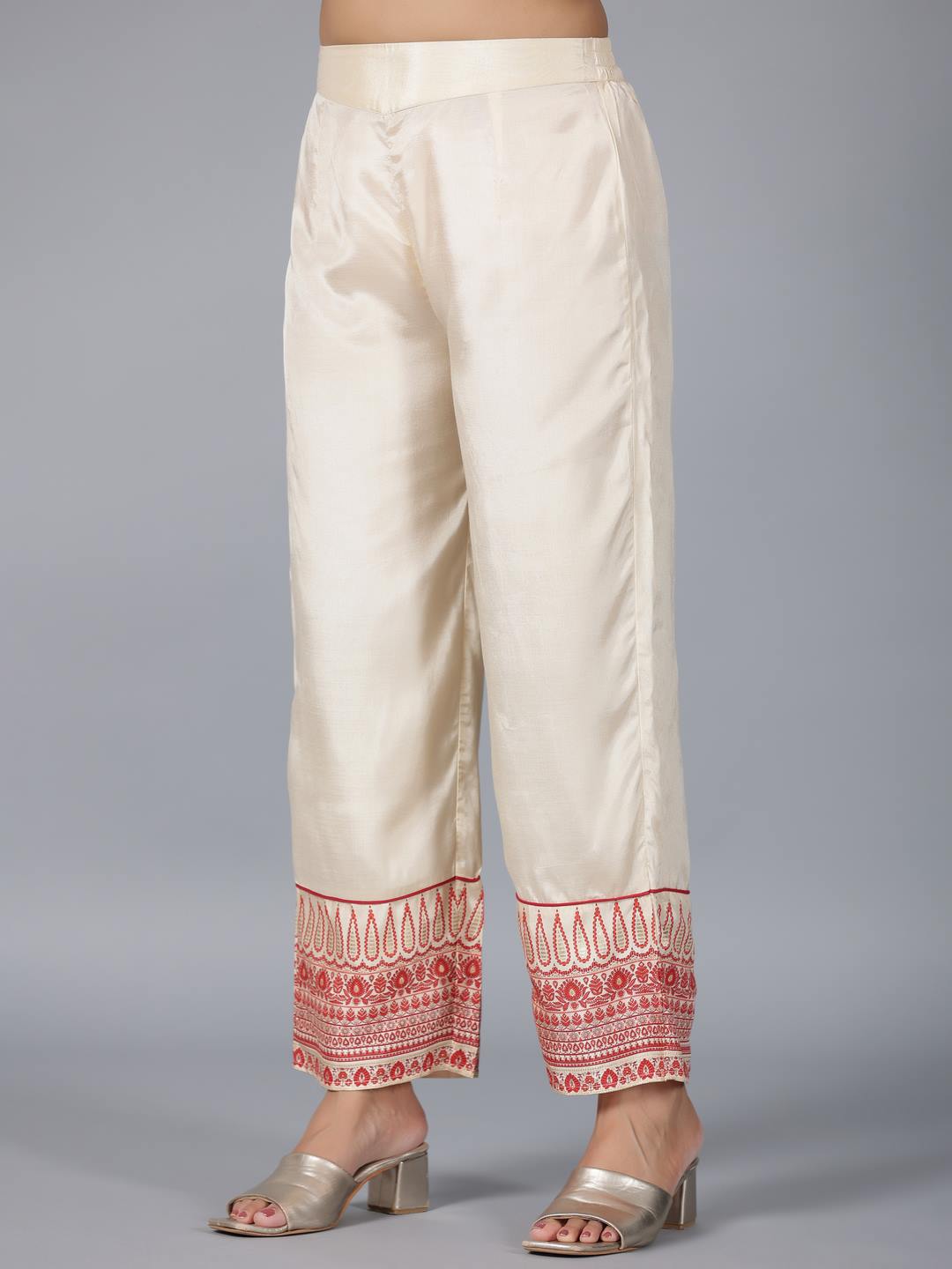 Beige Viscose Shantoon Printed Kurta, Pants & Dupatta Set
