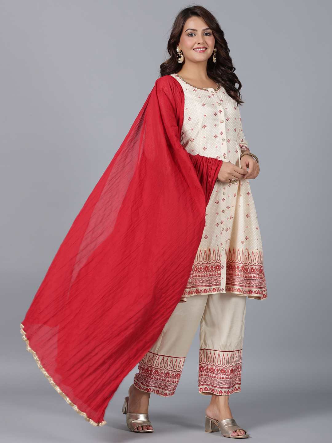 Beige Viscose Shantoon Printed Kurta, Pants & Dupatta Set