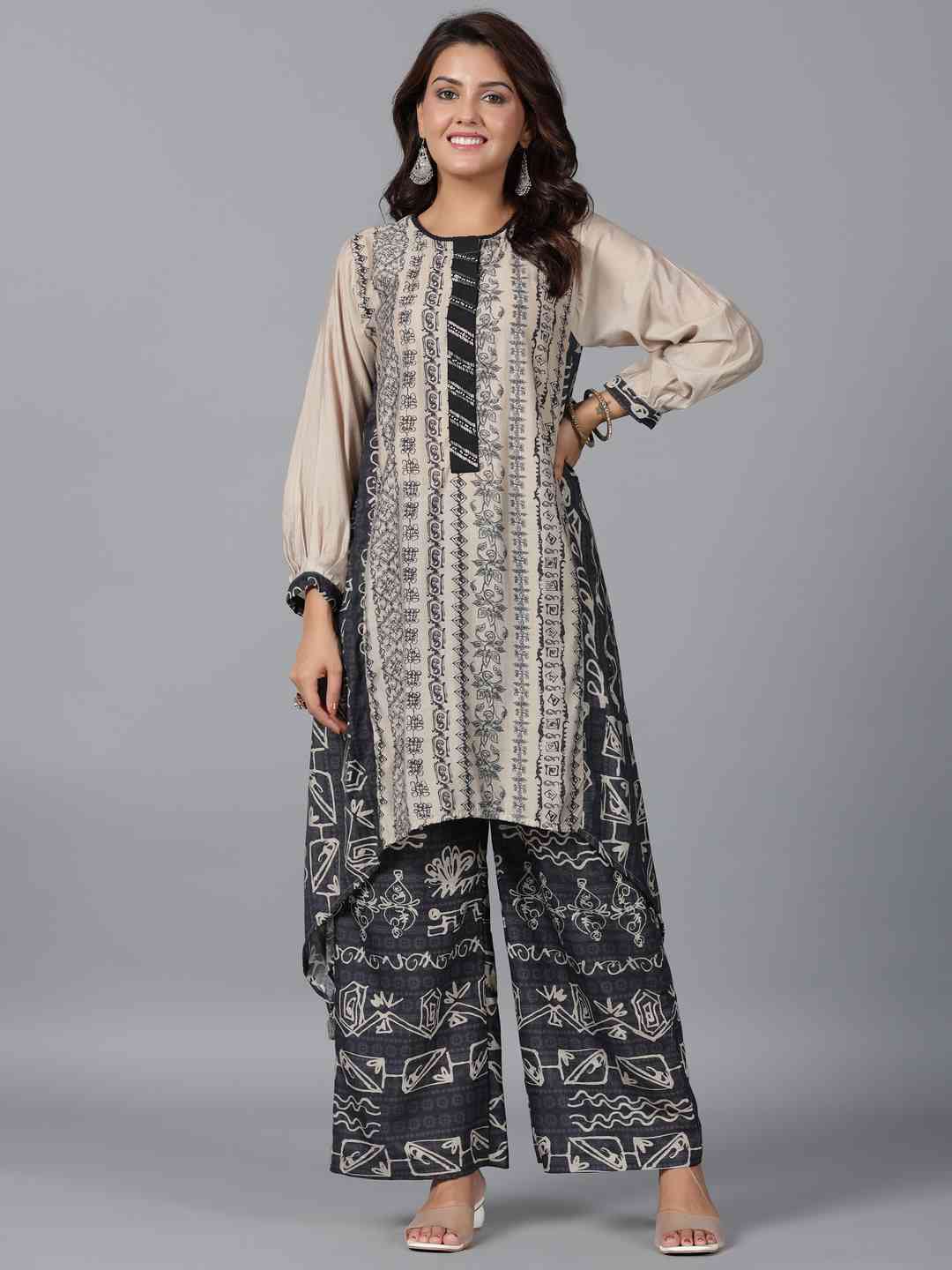 Beige Muslin Printed Kurta & Pants Set